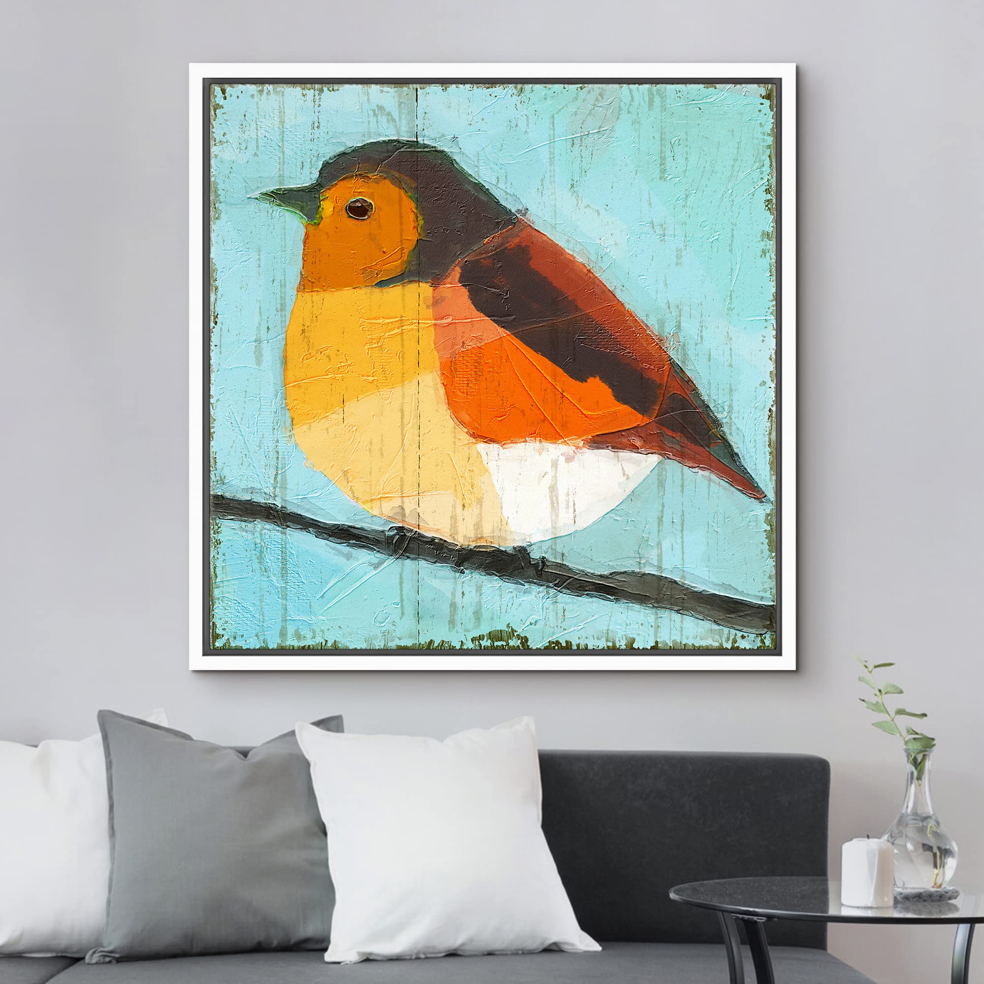 Wall26 Framed Canvas Print Wall Art Textured Geometric Orange & Yellow Robin Animals Birds Illustrations Modern Art Rustic Color