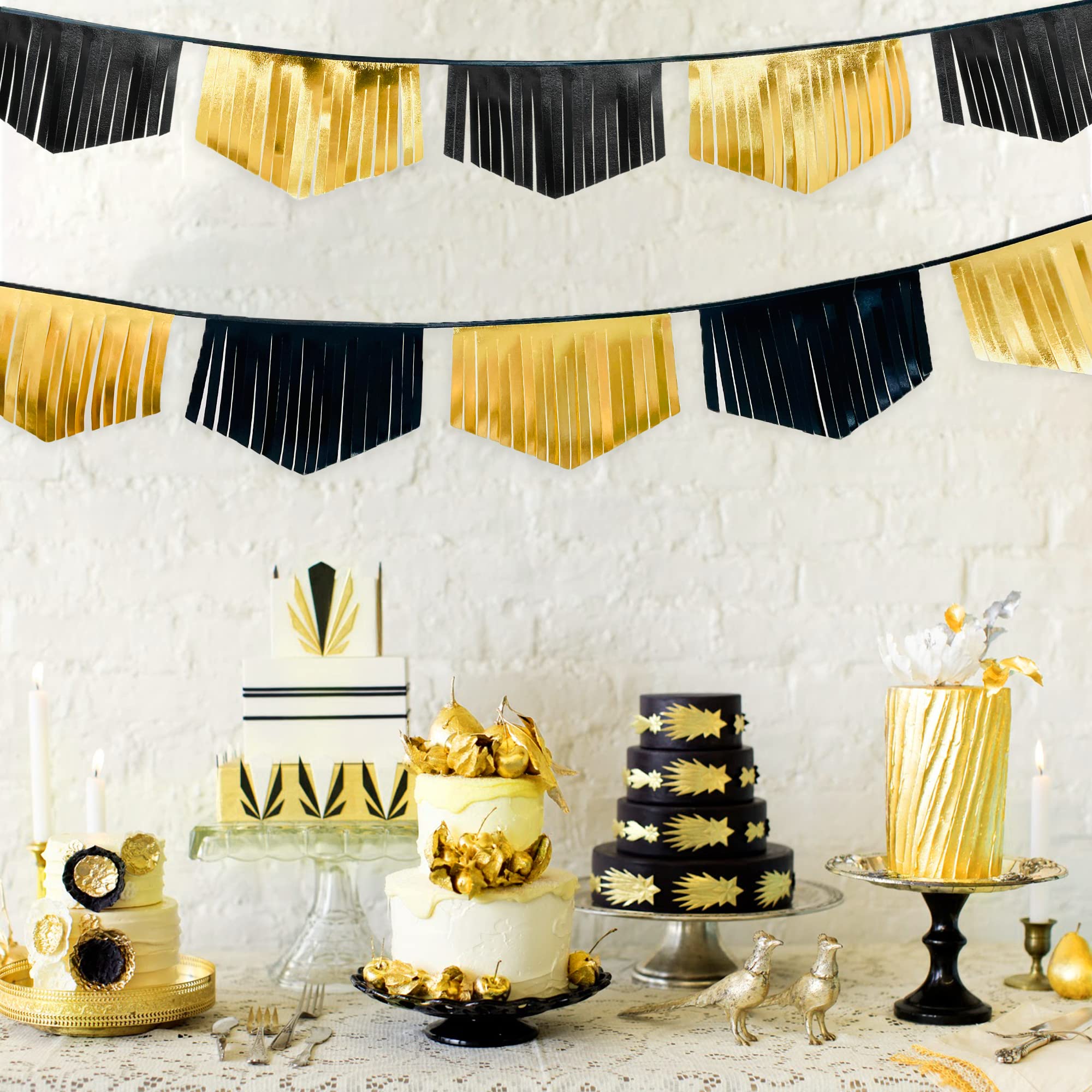 Black And Gold Tassel Banner Double Sided Metallic Fabric Pennant Bunting Flag Garland For Graduation Anniversary Bachelorette B