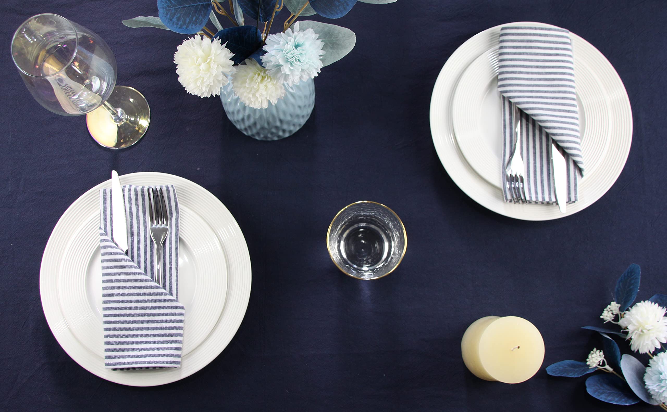 Infei Plain Striped Cotton Linen Blended Dinner Cloth Napkins - Set Of 12 (17 X 17 Inches) - For Events & Home Use (Navy)