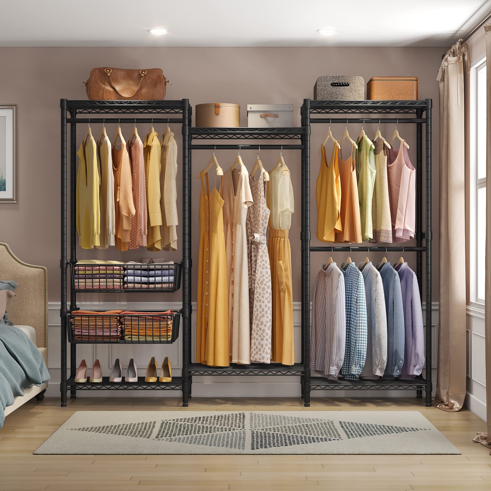 VIPEK V10 Medium Wire Garment Rack Heavy Duty Clothes Rack  Free Standing Closet Wardrobe Metal Clothing Rack with 2 Slid Baskets  68.9 '' L x 15.7 '' W x 76.4 '' H  Max Load 750lbs  Black