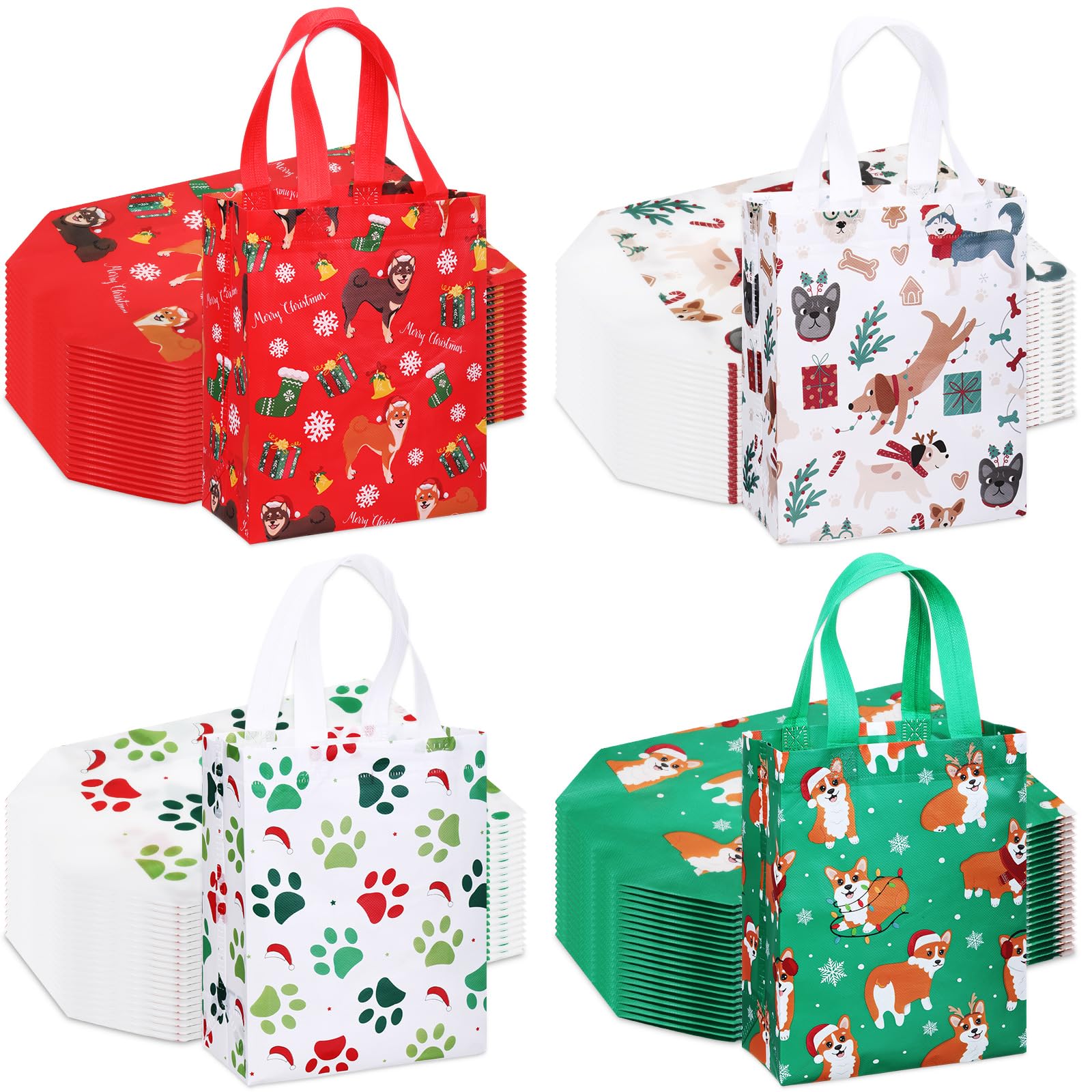 Wesnoy 48 Pcs Christmas Gift Bags Bulk with Dog Paw Prints, Reusable Non Woven Christmas Party Favors Puppy Candy Treat Goodies 
