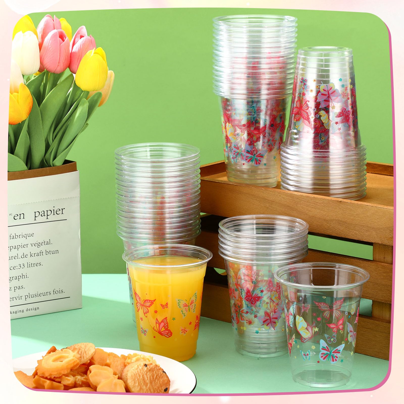 Yaomiao 50 Pieces Butterfly Plastic Cups 12 Oz Bulk Butterflies Clear Disposable Cups Butterfly Party Favor Drinking Beverage Cu