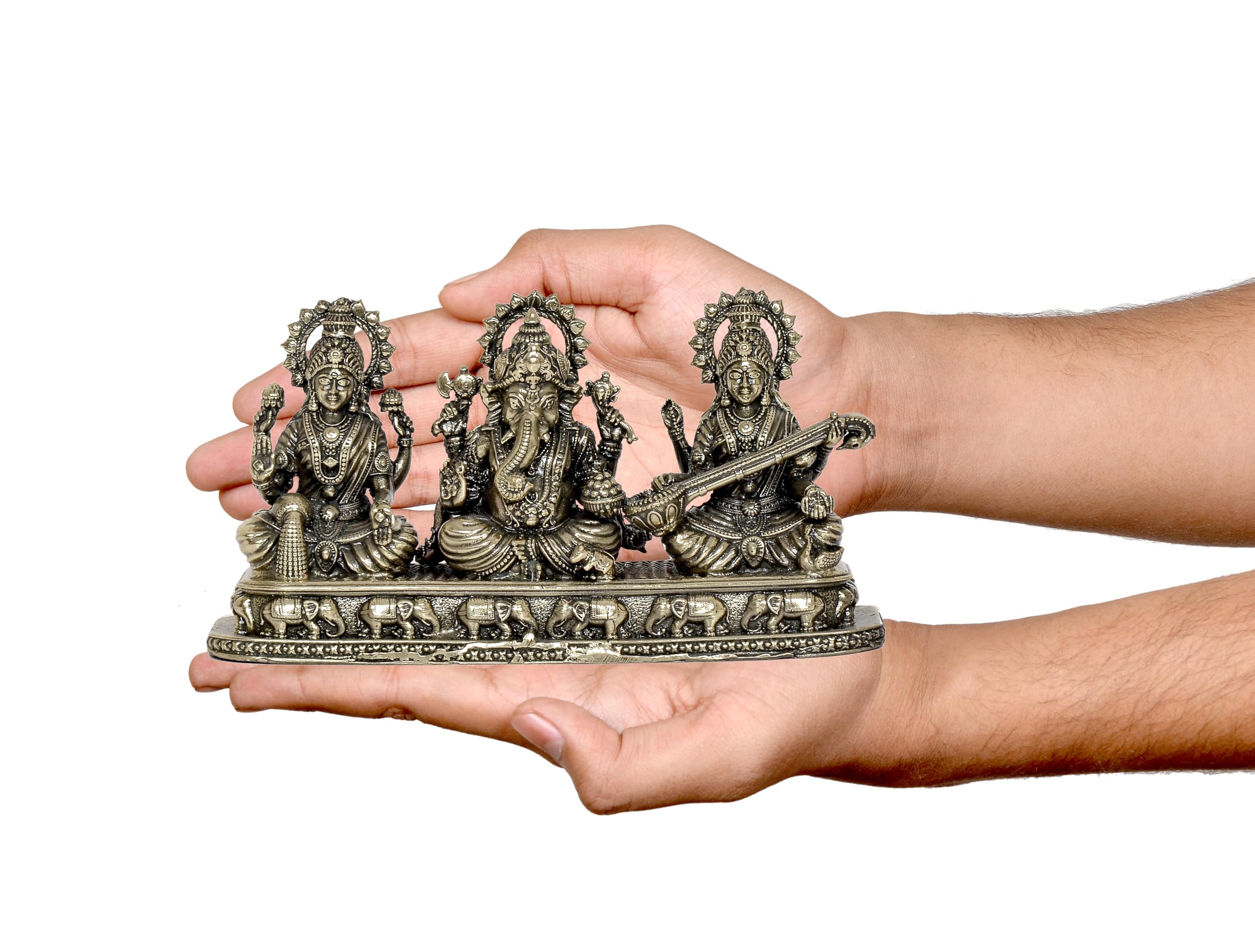 Dattatreya Fine Bronze Ganesha Laxmi Saraswati Idol Temple Murti Diwali Pooja Gift Decoration Showpiece (Height 3 Inch)
