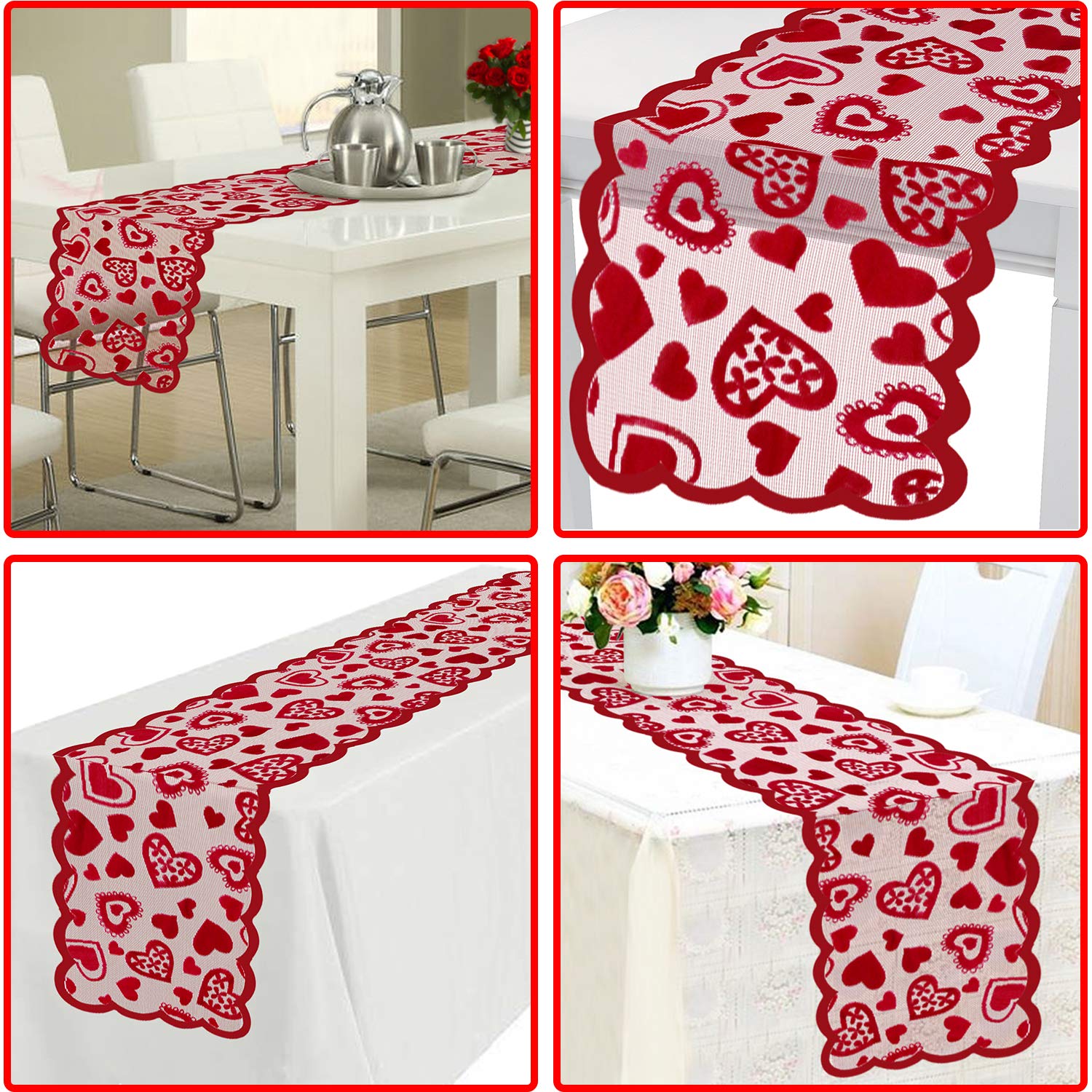 Mosoan Valentines Day Decor Table Runner - 13 X 72 Inch Red Lace Table Runner For Wedding Party, Valentines Decorations - Valent