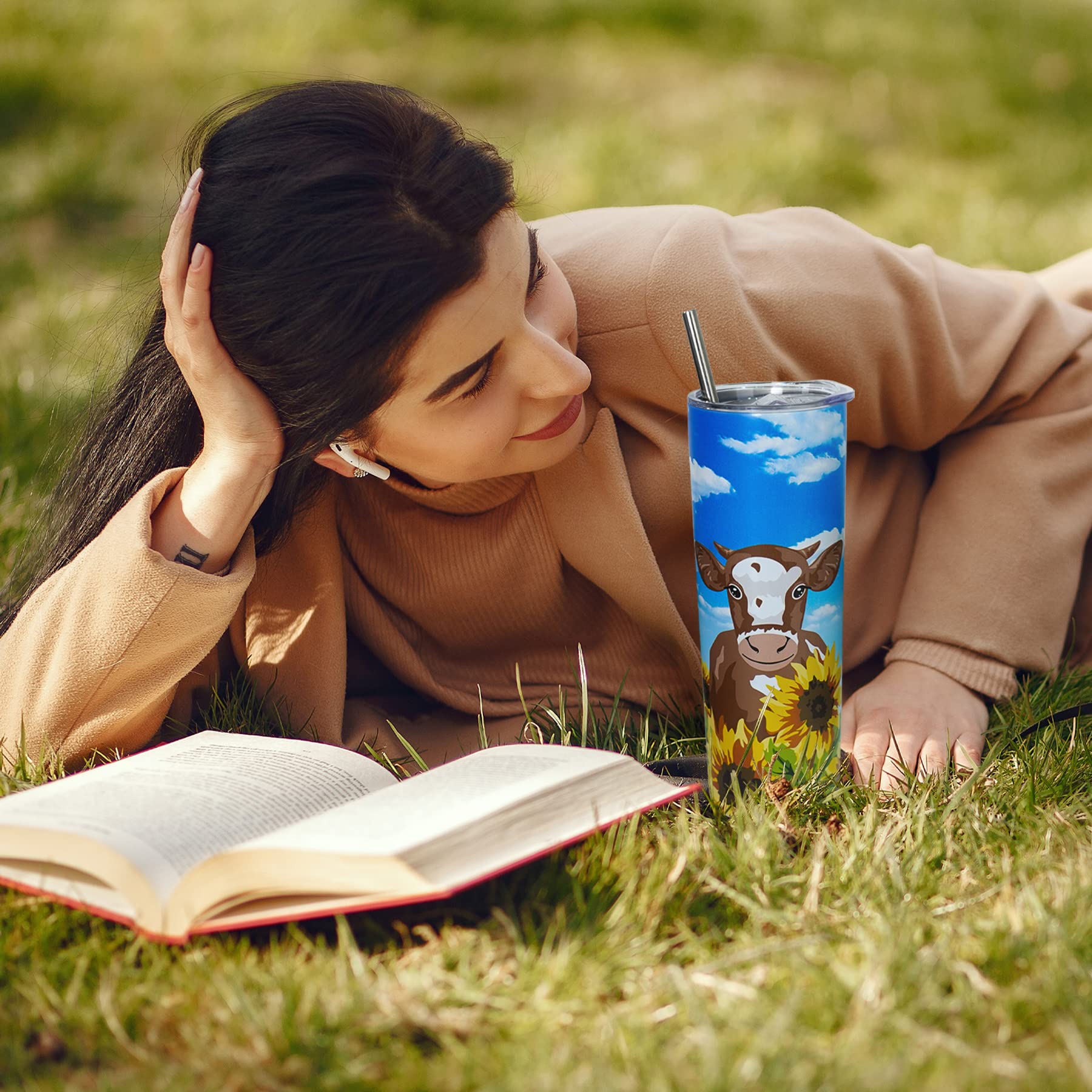 Sunflower Cow Tumbler-Cow Gifts For Women -Insulated Cute Cow Cup, Skinny Tumbler, Coffee Travel Mug, Water Bottle- Birthday Sun