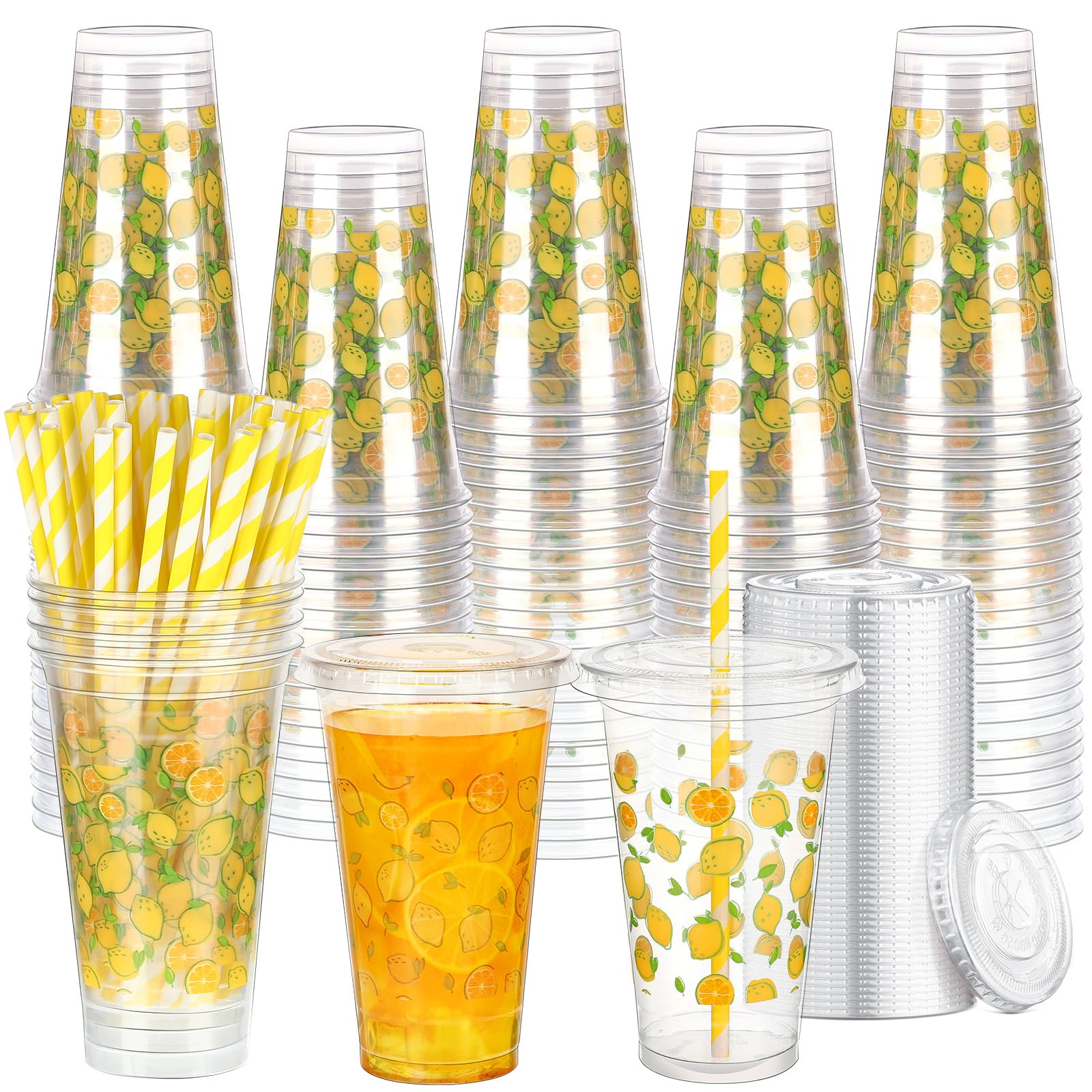 Tanlade 300 Pcs/ 100 Sets Lemonade Cups with Lids and Straw 16oz Bulk Disposable Lemo Clear Plastic Drinking Cups for Summer Tro