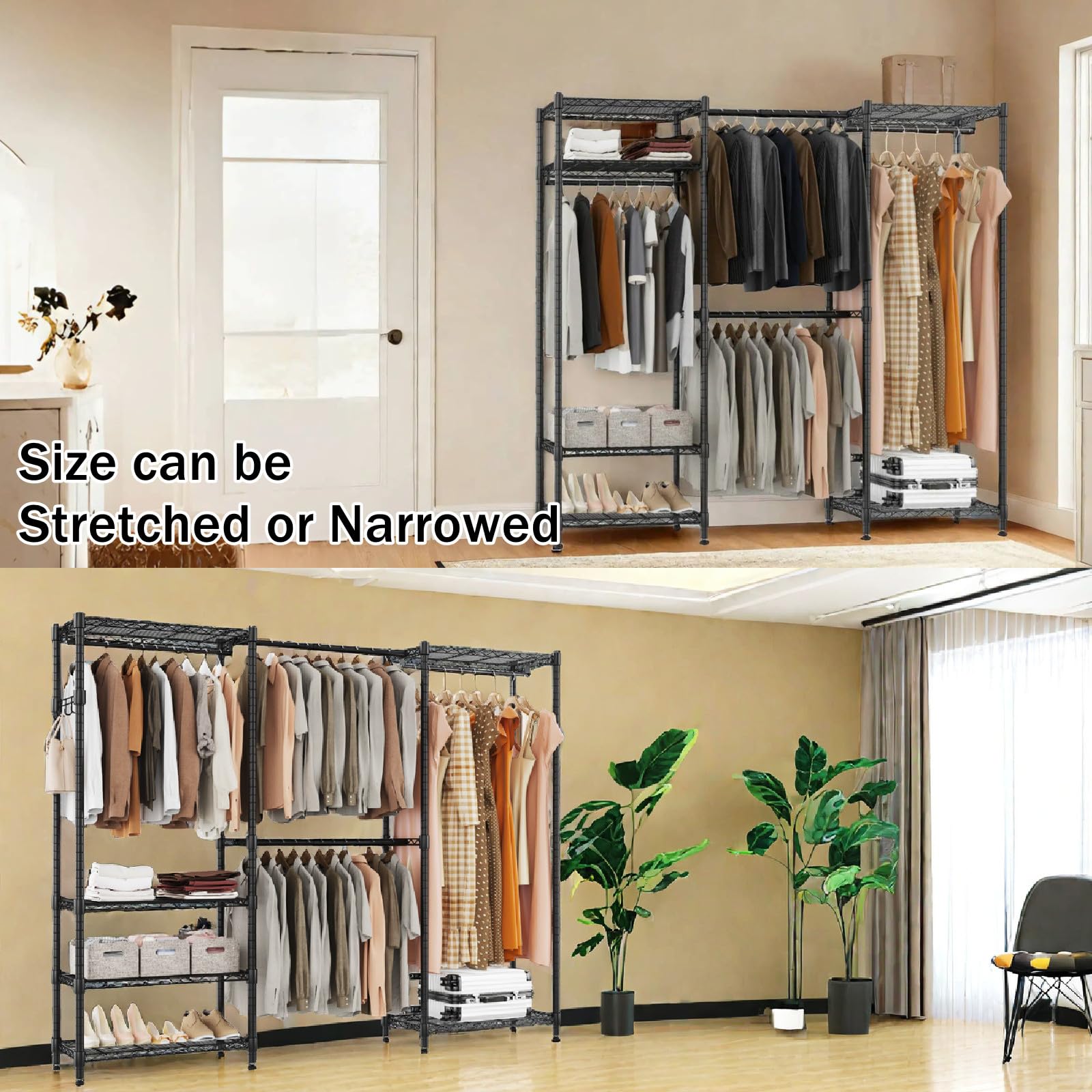 Bathwa Adjustable Heavy Duty Wardrobe Closet Organizer - Expandable Metal Clothing Rack With 4 Hanging Rods, 6 Shelves, And 4 Ha