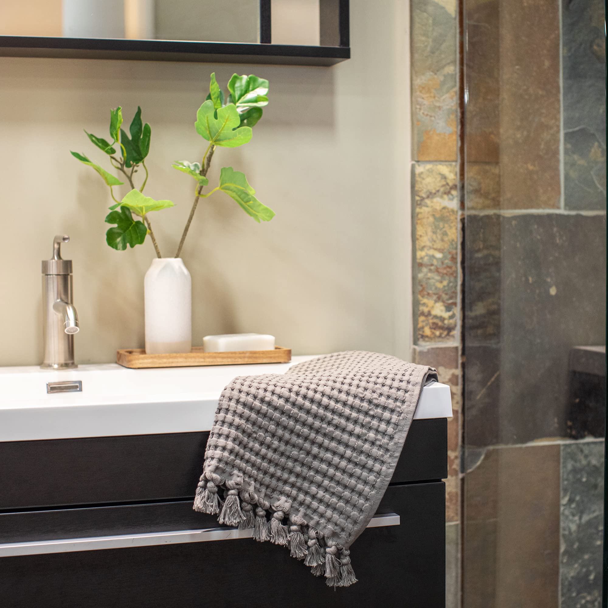 Gilden Tree Decorative Waffle Hand Towels For Bathroom, 20X35 Large, Quick Drying Fingertip Towel, 2 Pack, Modern Style (Stone)