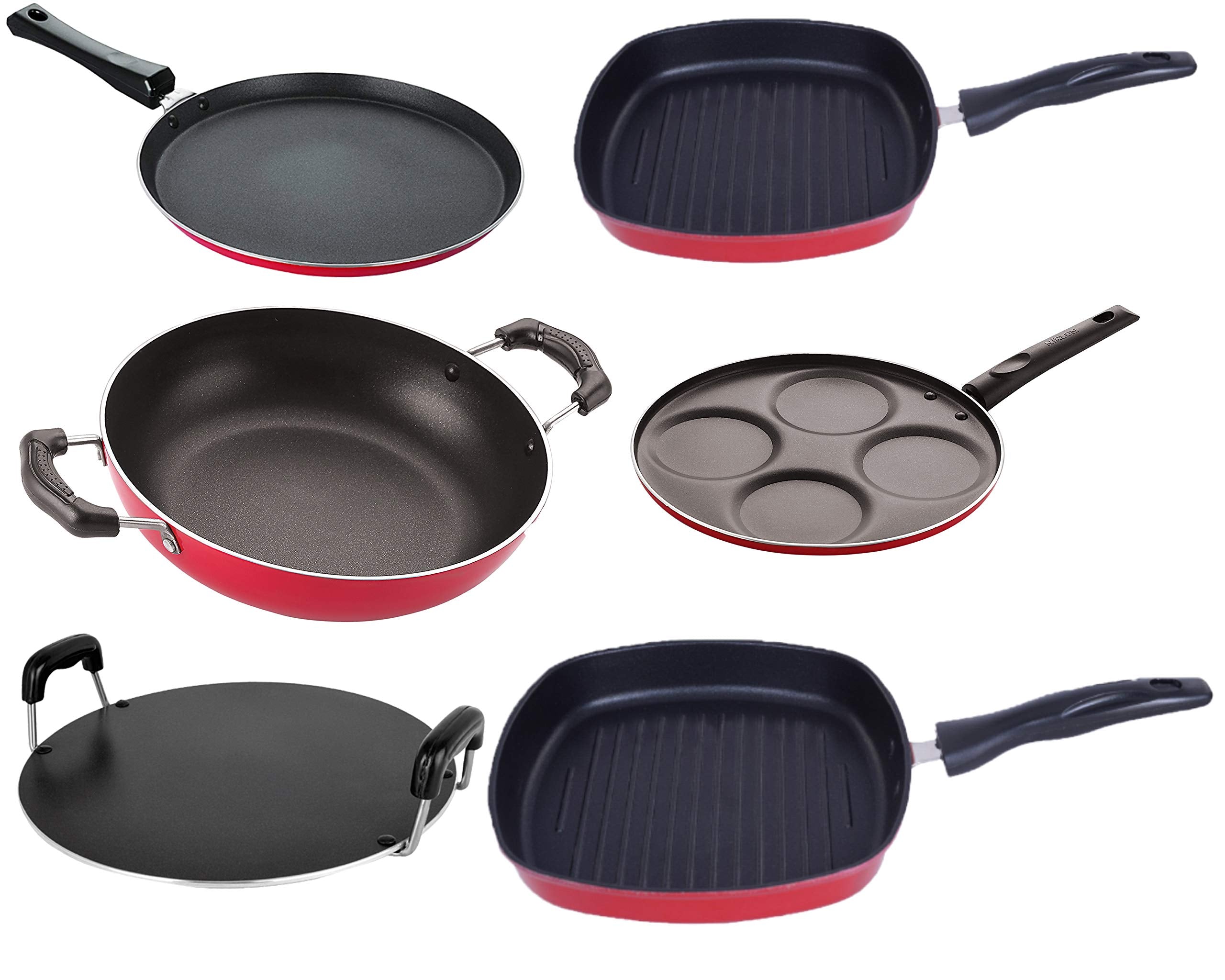 Nirlon Non Stick Cookware Kitchen Accessories For Cooking Combo Set Of 6 Pieces (2.6Mm_Ft13_Kd11_Gp22.5_Gp24_Rt_Up4)