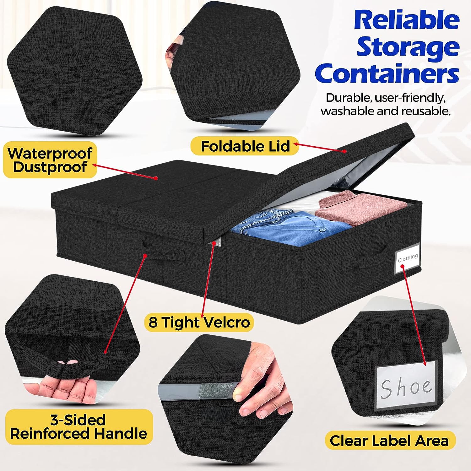 Underbed Storage Containers With Lids, Set of 2 Low Profile Under Crib Storage Bins W/ 3 Handles, Large Sturdy Under Bed Clothes