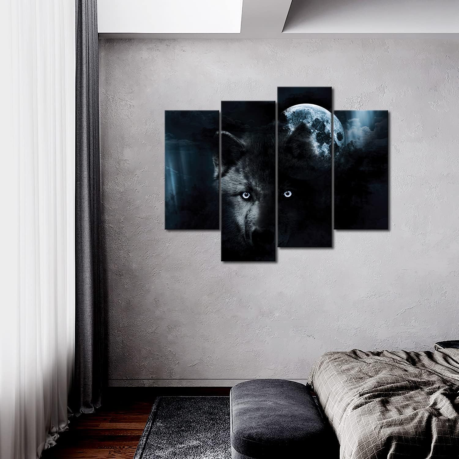 4 Panel Wall Art Black Wolf And Full Moon Painting The Picture Print On Canvas Animal Pictures For Home Decor Decoration Gift Pi