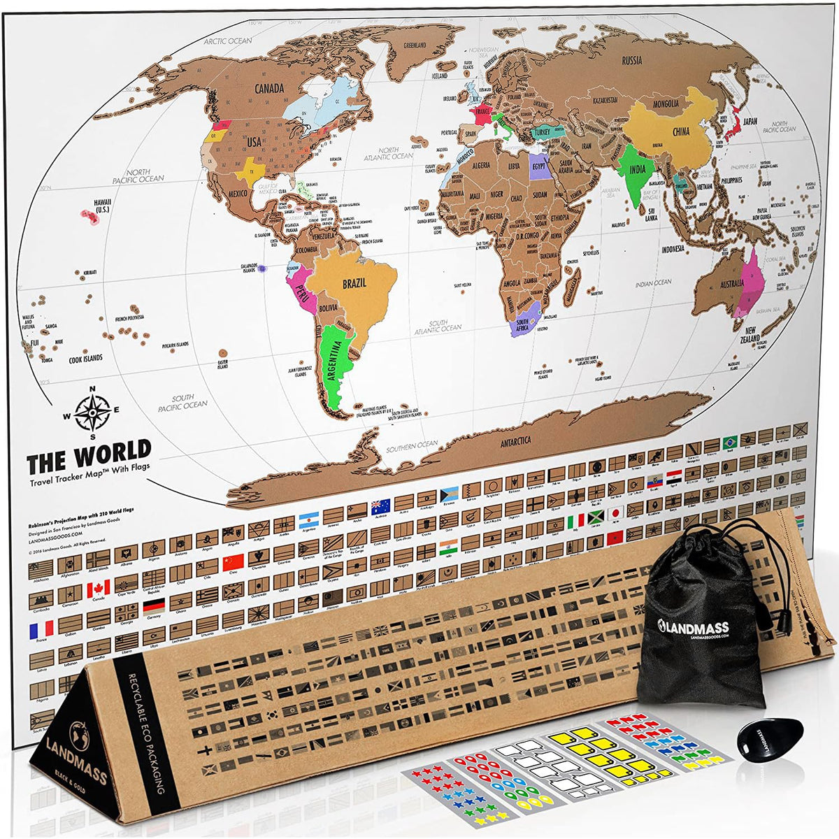 Landmass Scratch Off World Map, Poster With Flags, Deluxe Travel Tracker Print, Unique Wall Art For Home Or Office, Ideal Gift I