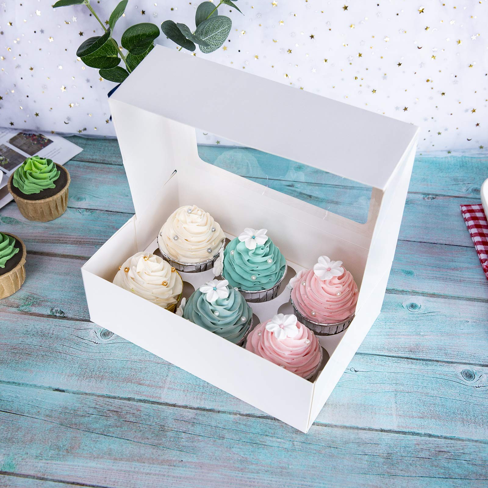 One More Cupcake Boxes With Inserts 6 Holders,9.5X6.3X3Inch Large White Standard Bakery Boxes With Window Food Grade Cake Carrie
