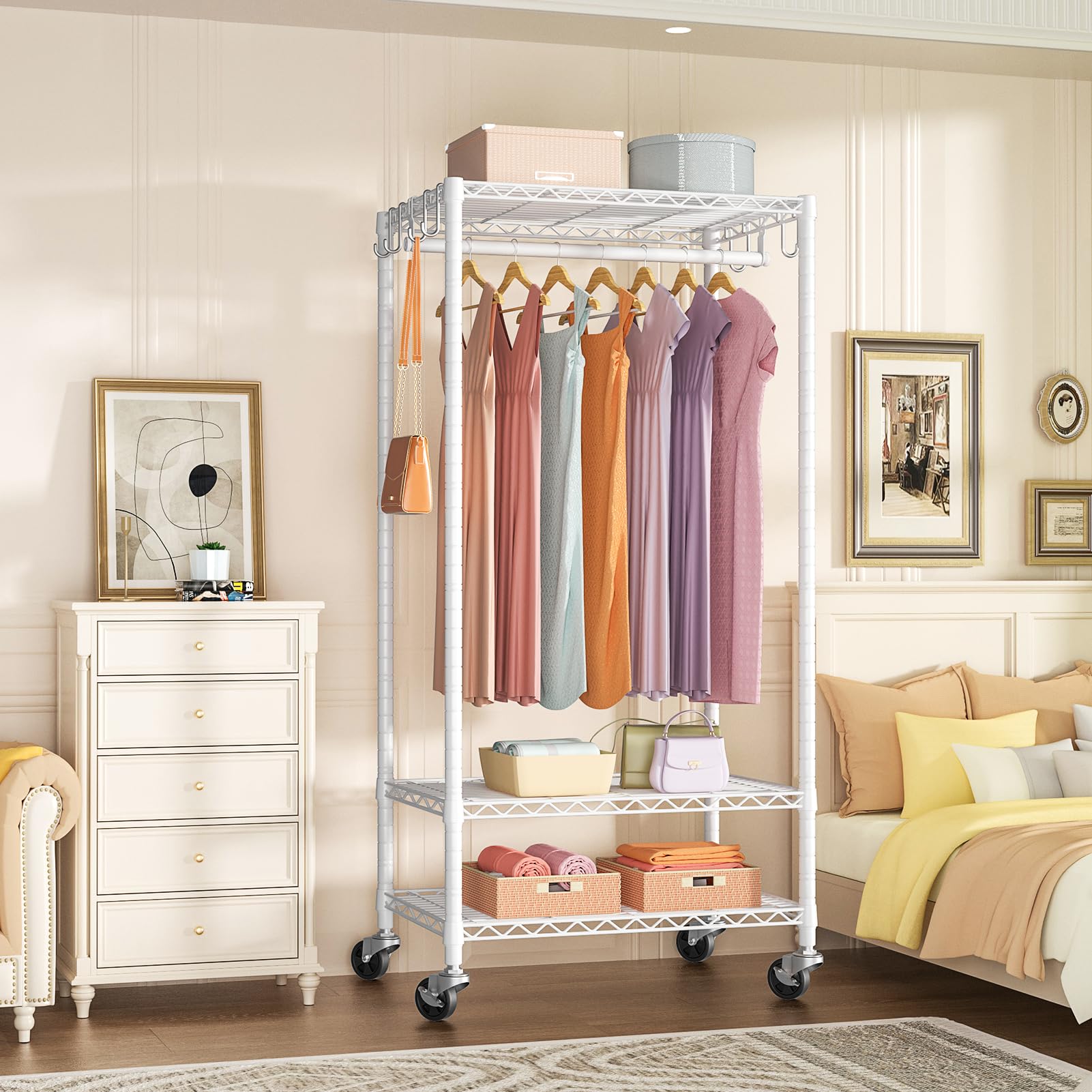 Futassi P6 Medium Rolling Clothes Rack Heavy Duty, Clothing Racks For Hanging Clothes, Freestanding Garment Rack With Wheels, Po