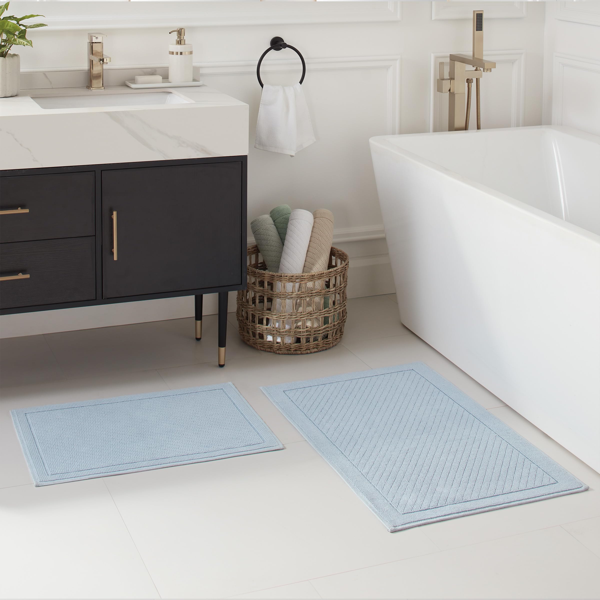 Arkwright 2 Piece 100% Cotton Bathroom Rug Set - High Absorbent Stylish Textured Woven Design Bath Mat, Slip Resistant Backing F