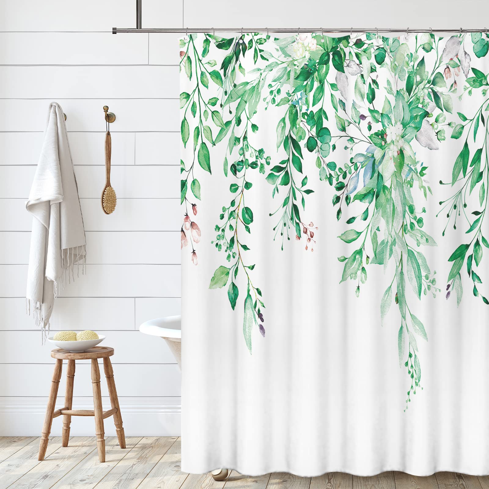 Tititex Emerald Green Eucalyptus Shower Curtain Sets, Watercolor Leaves On The Top Plant With Floral Bathroom Decoration 60X72 I