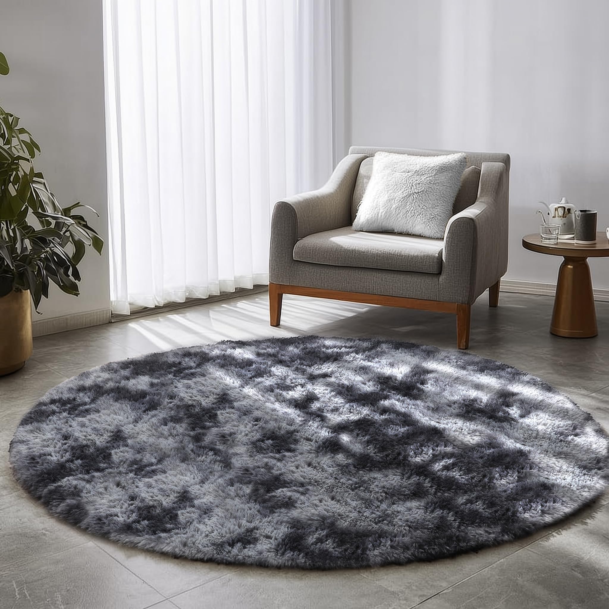 Amdrebio Tie-Dyed Dark Grey Round Area Rug 5Ft for Living Room Bedroom, Soft Furry Shaggy Circle Rugs for Classroom Playroom Dor