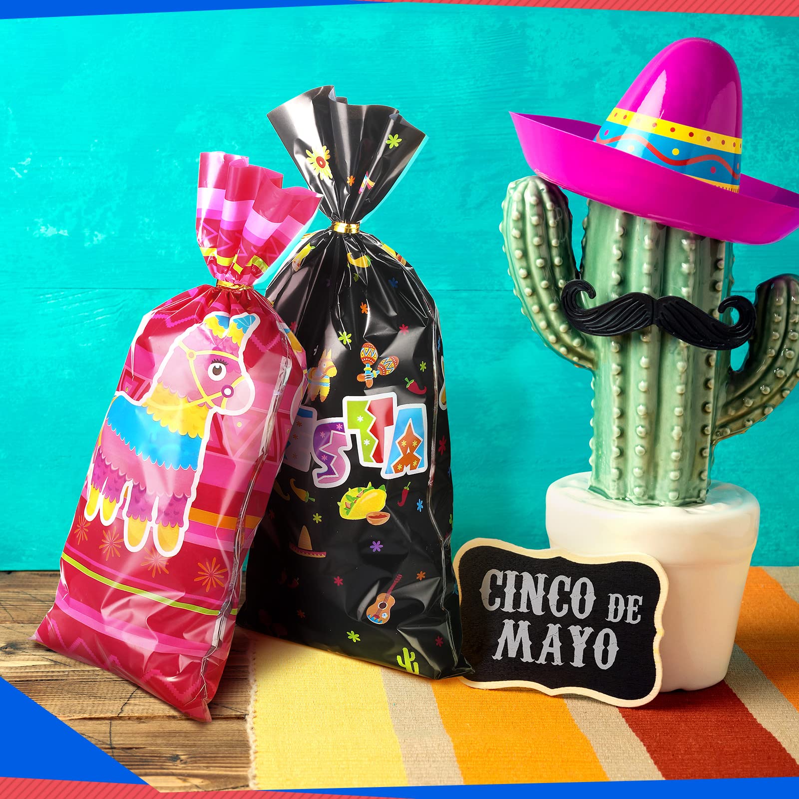 120 Pieces Mexican Party Treat Bags Mexican Theme Party Favor Cello Plastic Candy Goodie Bag with 150 Golden Twist Ties for Party Supplies (Mexican Fiesta Style)
