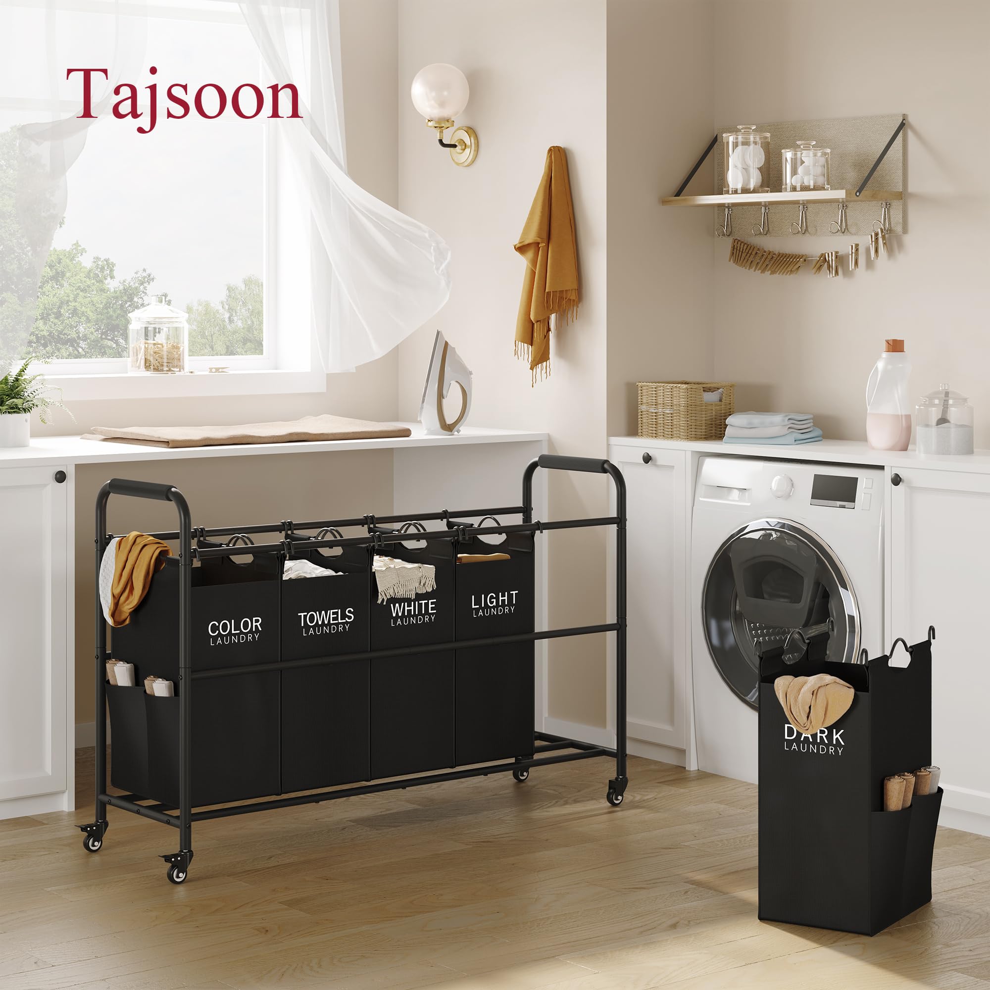 Tajsoon 5 Bag Laundry Sorter Cart, 5 Section Laundry Sorter With Heavy Duty Rolling Lockable Wheels, Laundry Separator Hamper Wi
