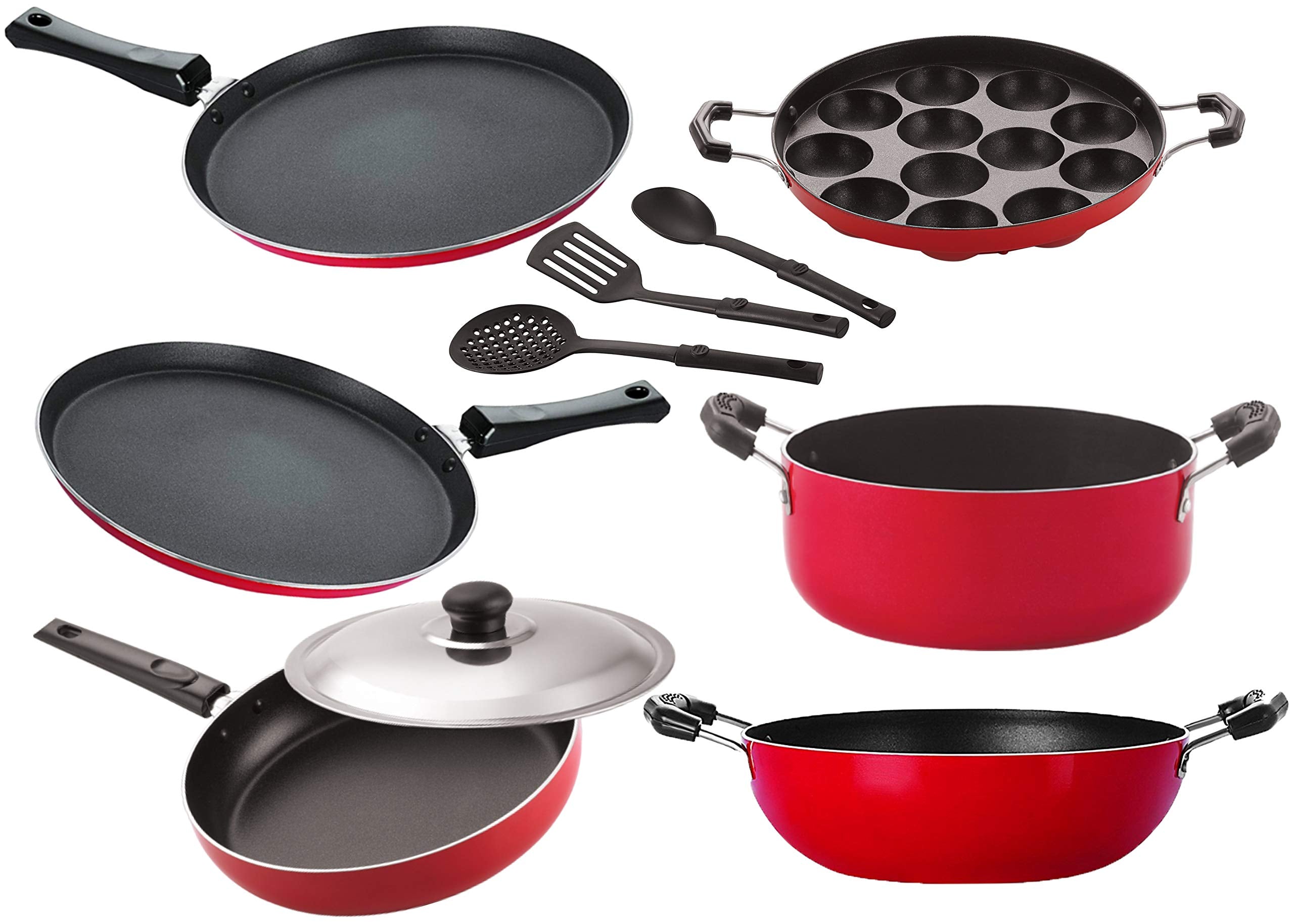 Nirlon Kitchenware Non Stick Aluminium Cookware Gift Set Of 9 Pieces (26_Ft12_Kd14_Ap_Ft10_Cass20_Fp12_3Spn)