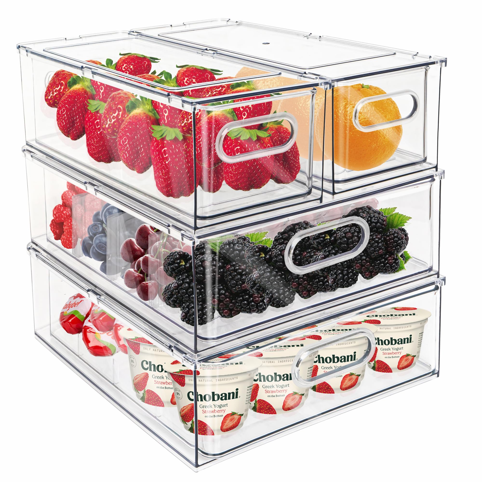Mano Fridge Drawer Pull Out Stackable Bins with Handle Clear Refrigerator Drawers Organizer Food Storage Container Box with Divi