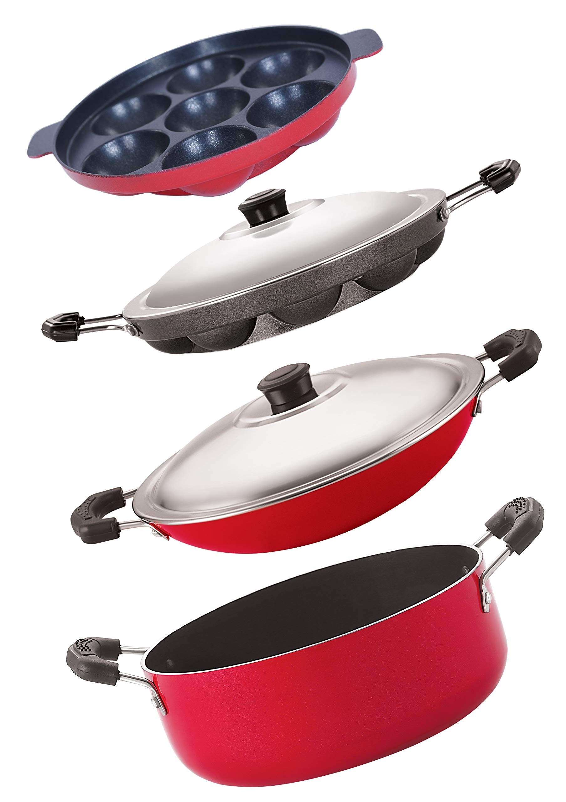 Nirlon NonStick Aluminum Cookware Set, 4Piece, Red And Black (2.6Mm_Dkd(M)_Sp(M)_Sp(B)_Cass20)