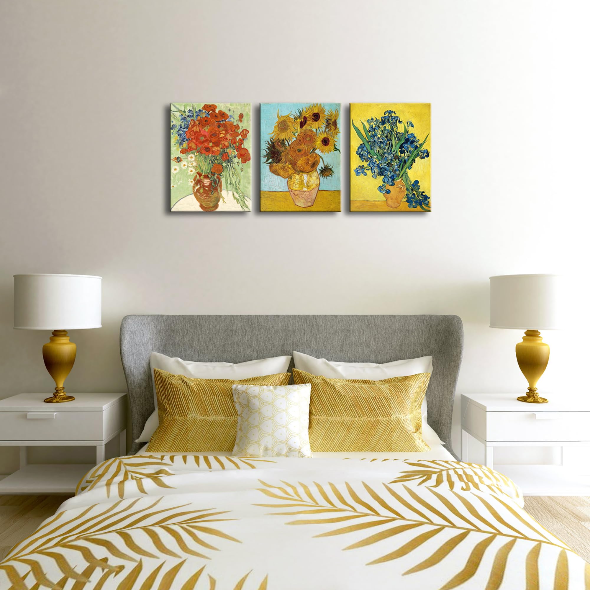 Wieco Art 3 Panels Canvas Prints Of Vincent Van Gogh Paintings Reproduction Red Poppies And Daisies Sunflower Irises In Vase Can