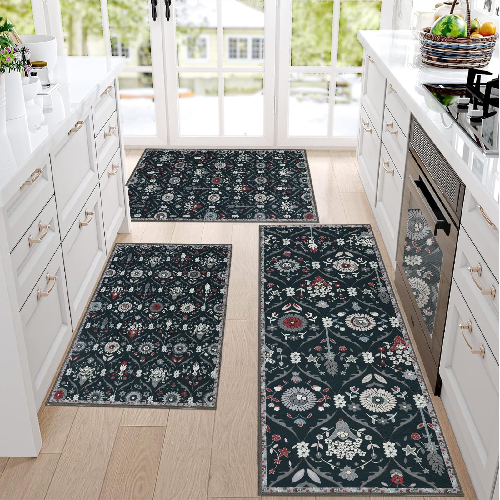 Falflor Moroccan Trellis Kitchen Rug Sets Of 3 Non Slip Kitchen Rug Sets Floral Pattern Floor Mats For Kitchen Low Pile Kitchen