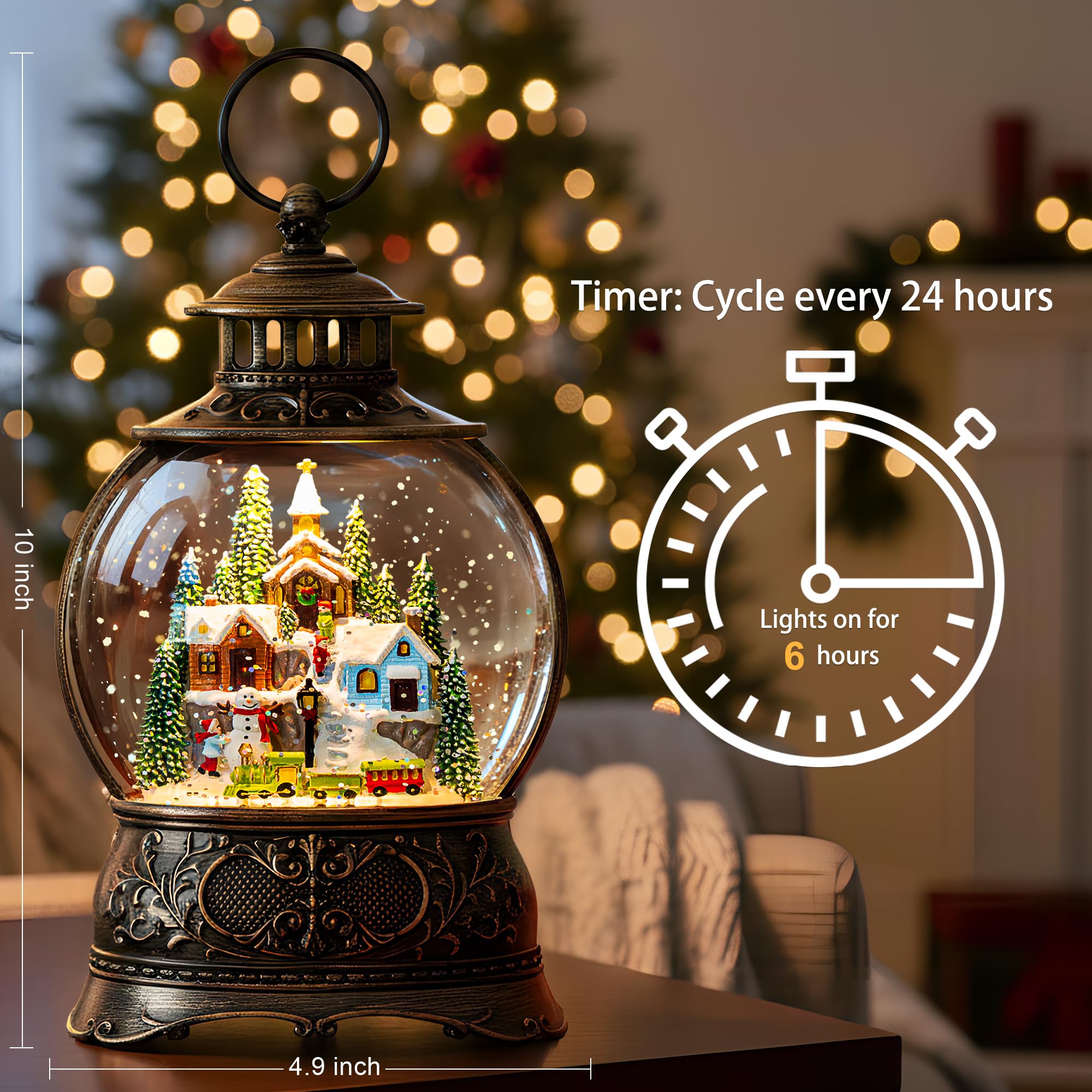 Christmas Snow Globe Water Lantern with Mountain Village and Train Scene Battery Operated or USB Powered Musical Lighted Holiday