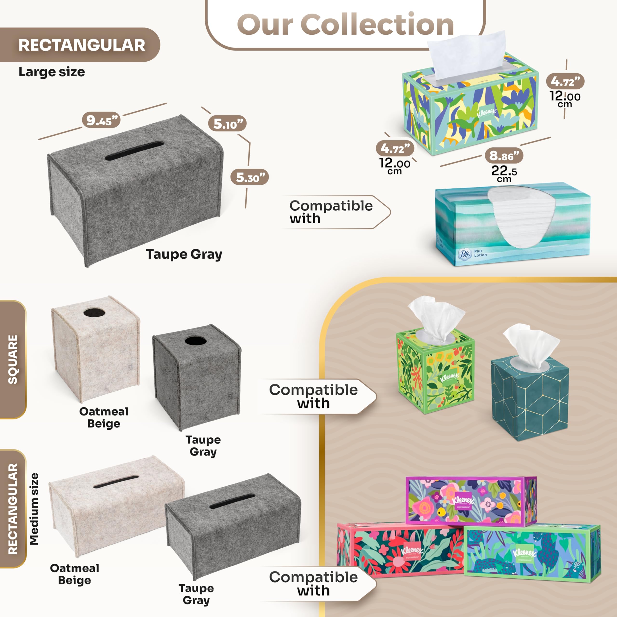 2 Pack Tissue Box Cover - Decorative Tissue Box Holder - Modern Felt Tissue Box Cover Rectangle - Large Size - Taupe