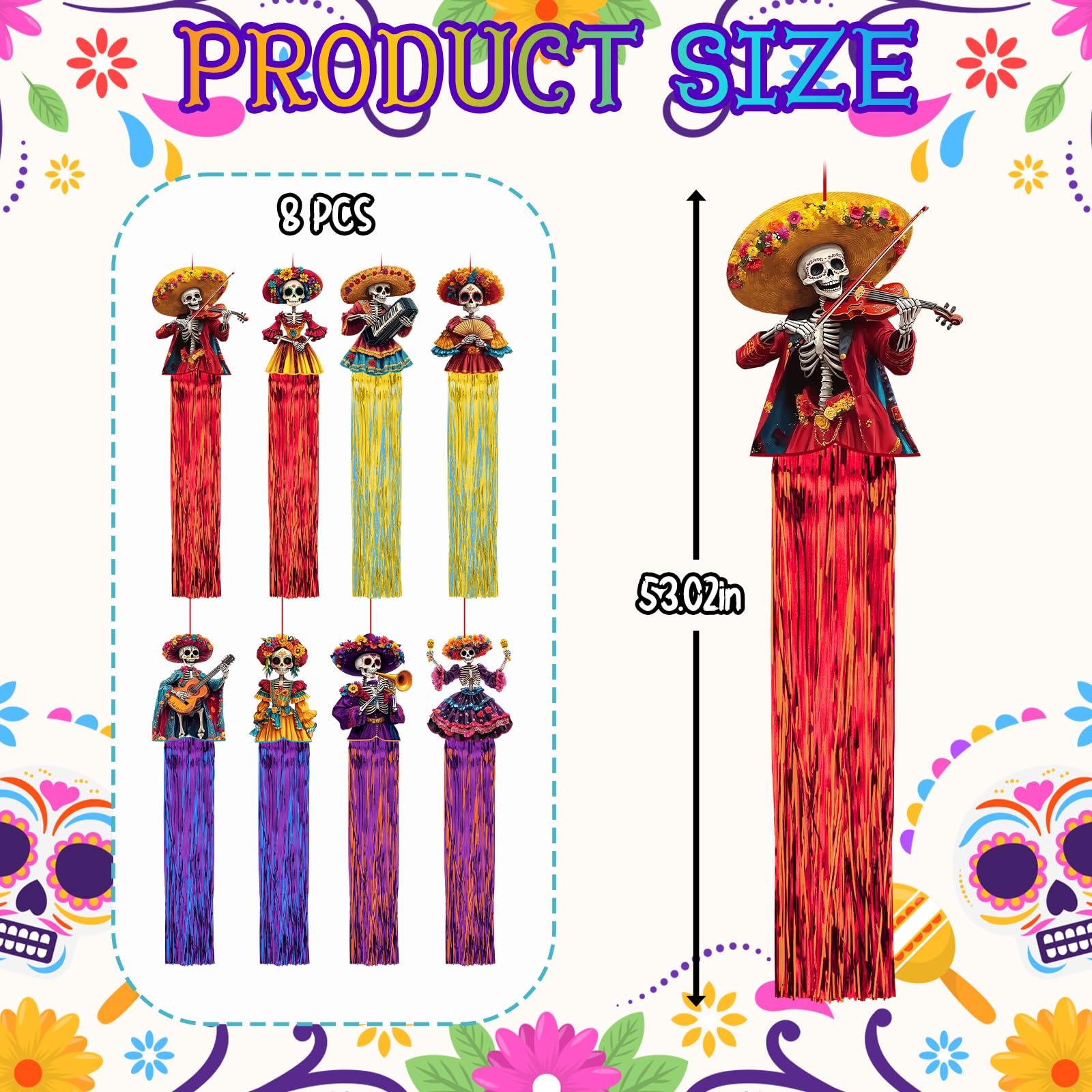 8 Pcs Day of The Dead Sugar Skull Hanging Decorations, 4.9 Ft Dia De Los Muertos Hanging Decorations for Dia de Los Muertos Alta