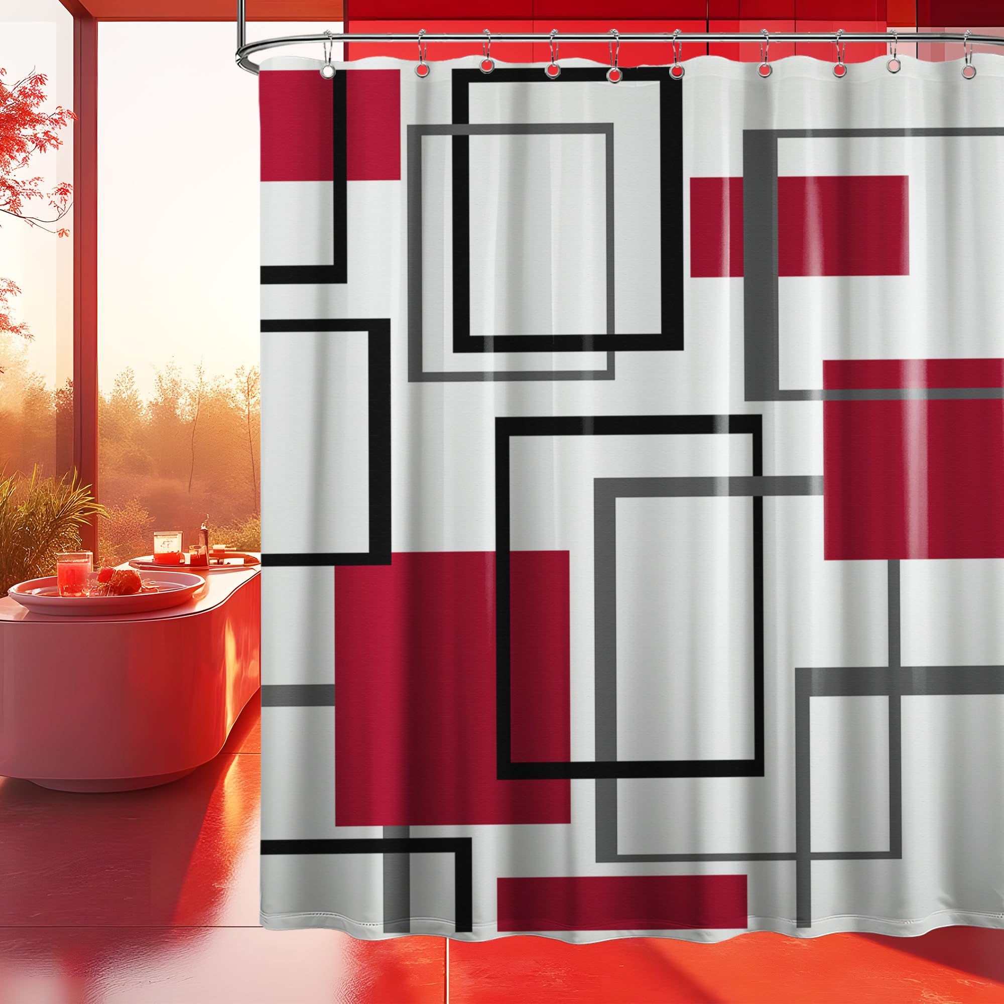 Yieldeer Red And White Shower Curtain Geometric White And Red Shower Curtains For Mens Bathroom Decor Bath Curtain Set, Waterpro