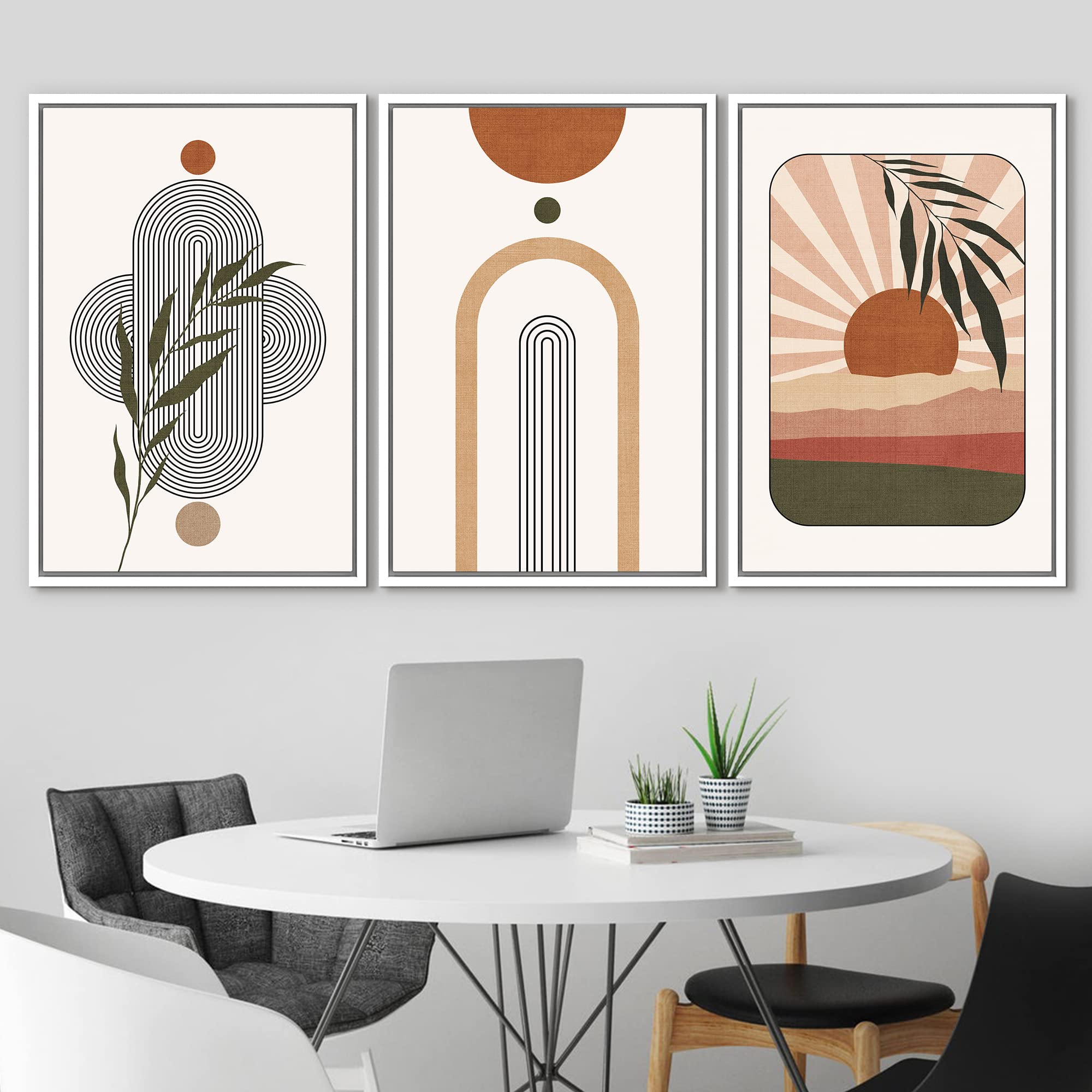 Idea4Wall Framed Canvas Print Wall Art Set Geometric Plant Shining Sun Polygon Abstract Nature Illustrations Modern Art Nordic Z