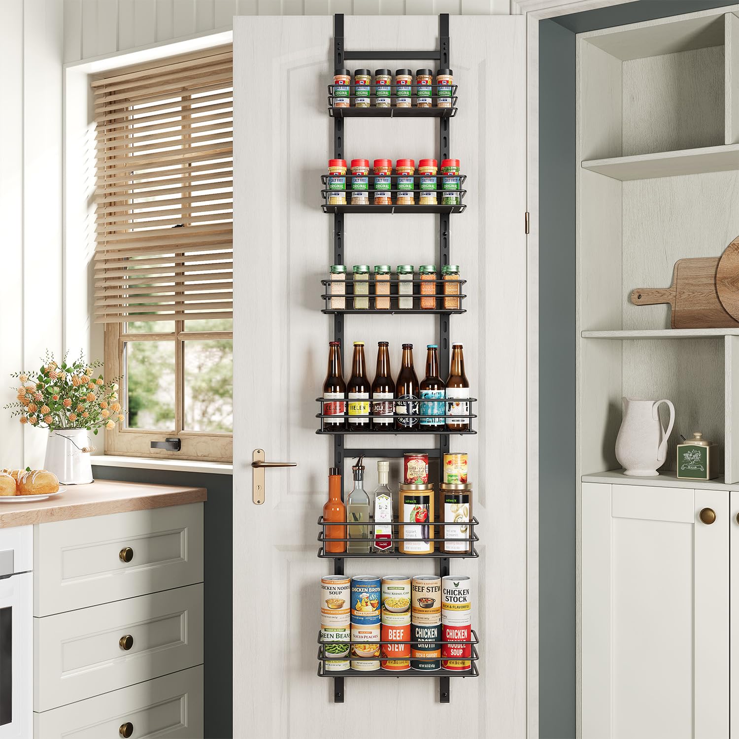 6Tier Narrow Pantry Door Organizer,Over the Door Pantry Organizer,Black