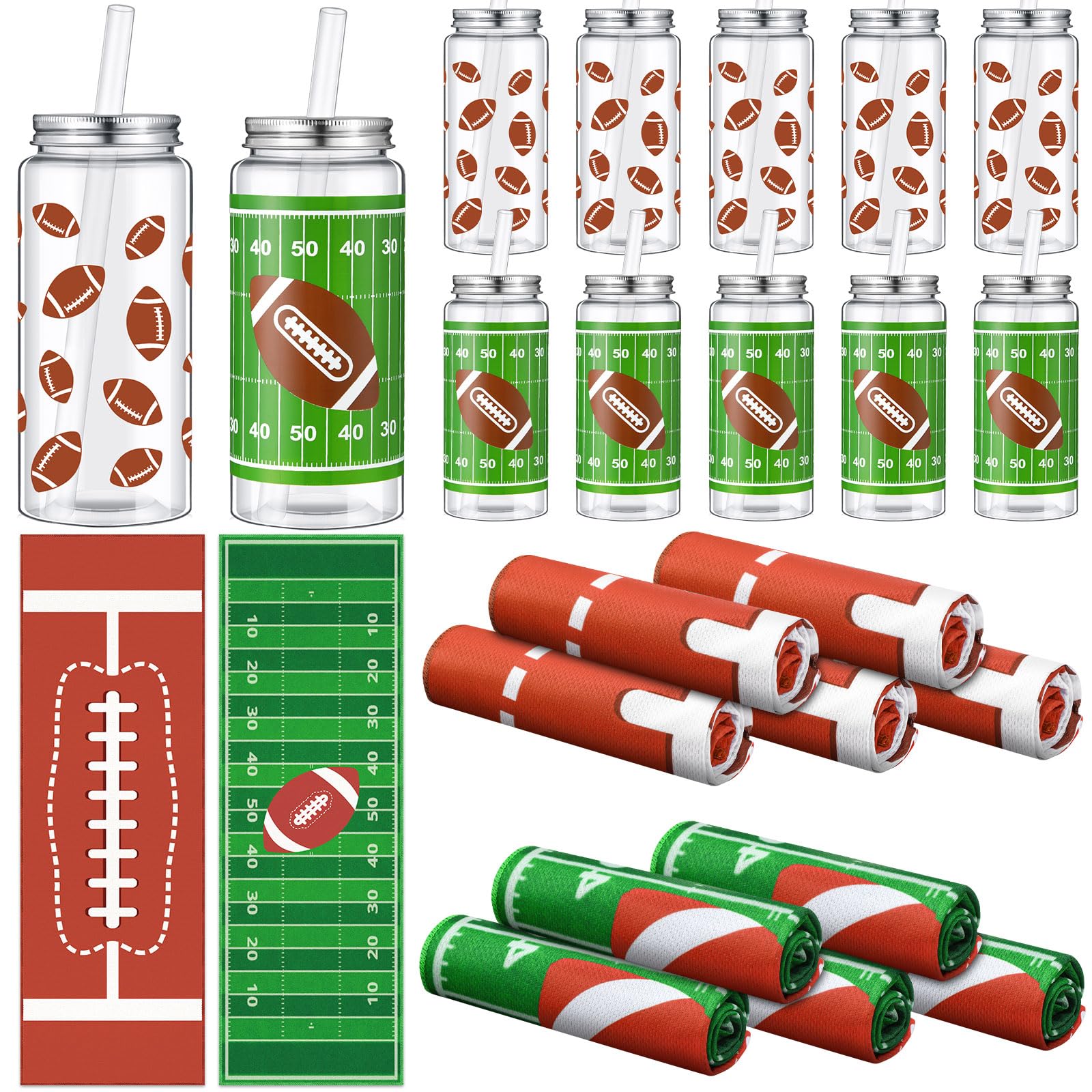 SmoothNovelty 24 Pcs 16.9 Oz Football Plastic Cups Bulk Football Cooling Towel Set Include 12 Footballs Theme Cups with Straw an