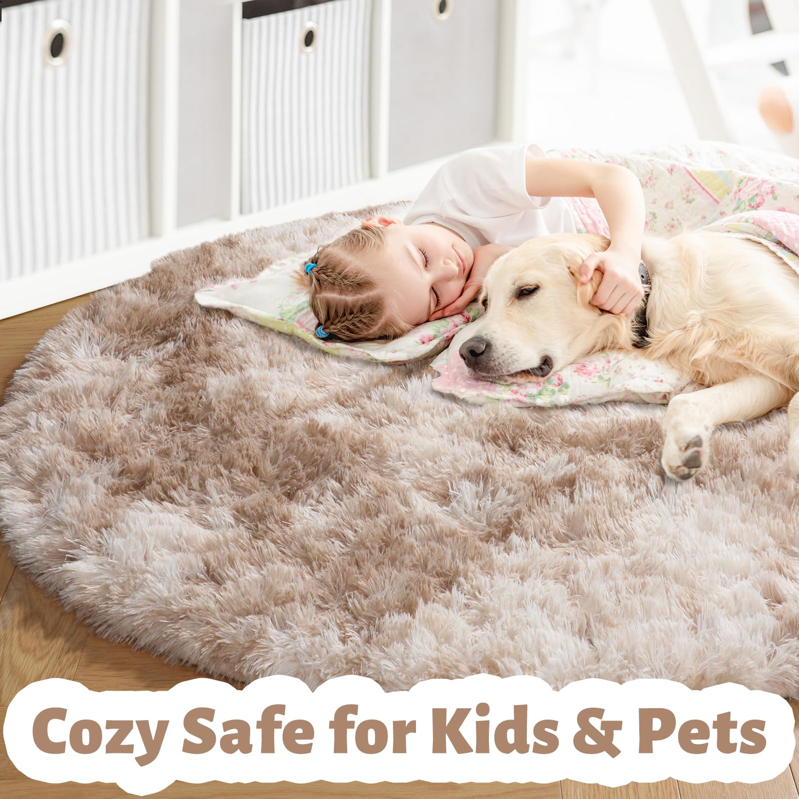 Amdrebio Tie-Dyed Beige Tan Round Area Rug 4Ft for Bedroom, Fluffy Plush Shag Furry Circle Rugs for Kids Room, Living Room Decor