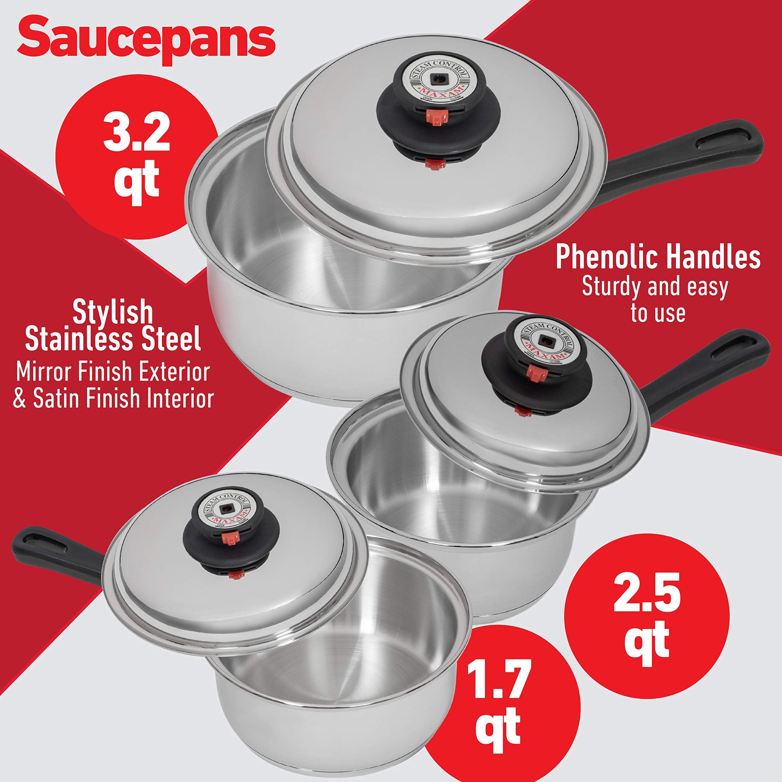 Maxam 17-Piece Waterless Cookware Set, Durable Stainless Steel, Heat & Cold Resistant Handles, Silver, Model KT17