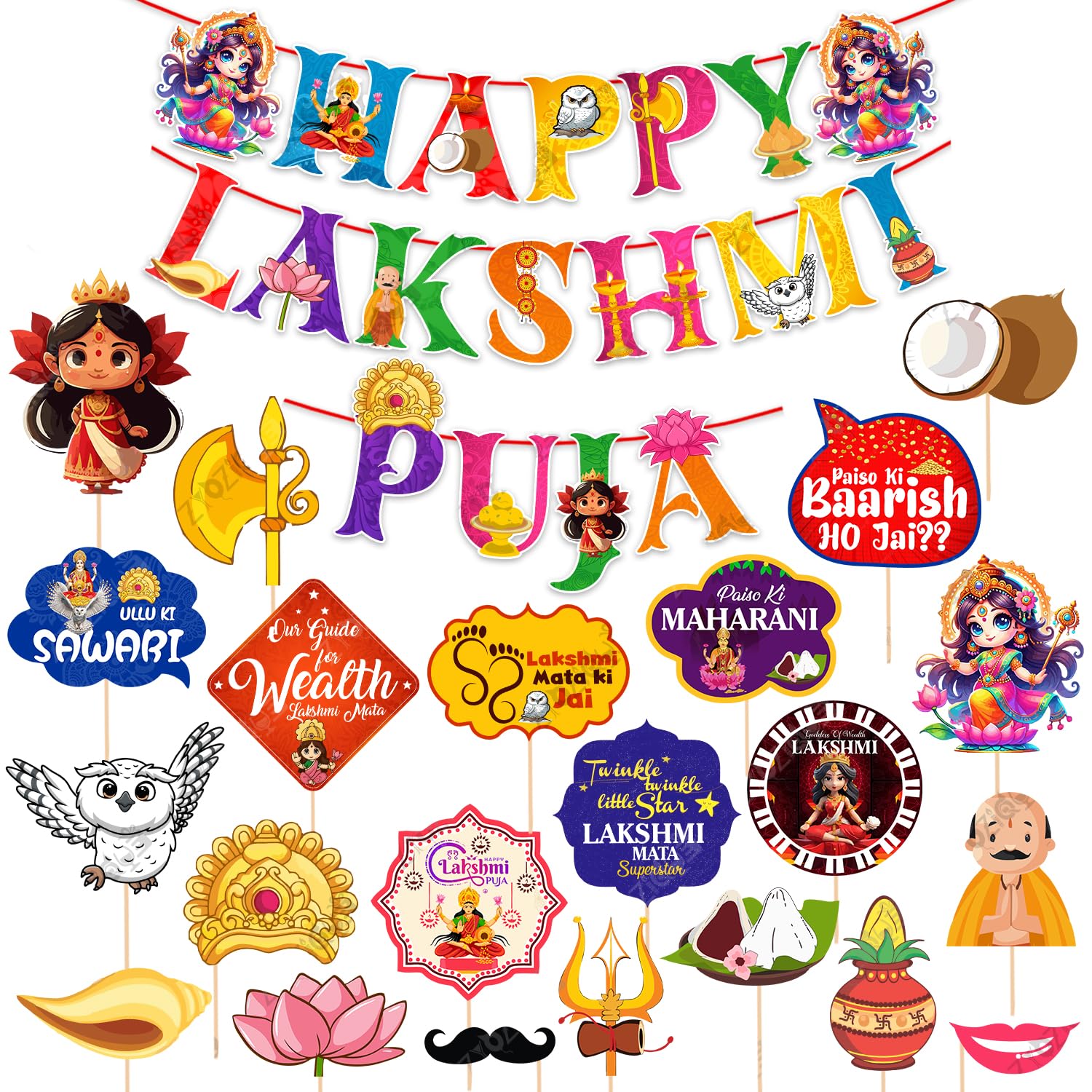 Zyozique Lakshmi Puja Decorations Items, Decorative Items for Lakshmi Puja  Puja Paper Banner & Photo Booth Props, Backdrop Dec