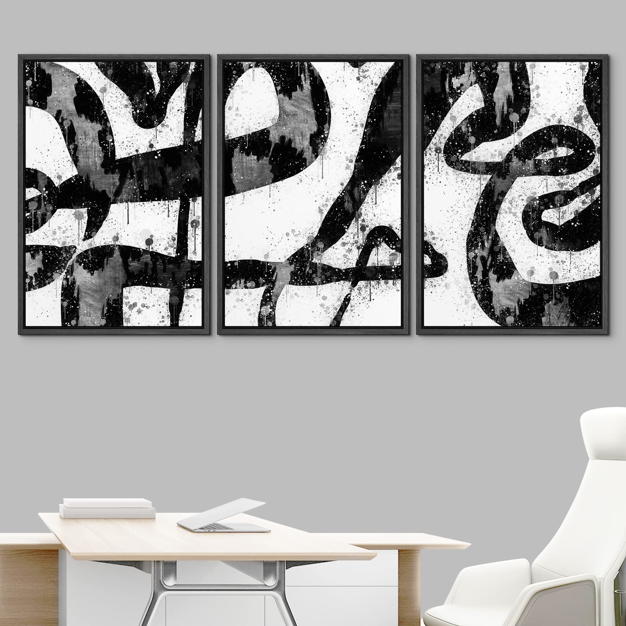 Idea4Wall Framed Wall Art Print Set Faded Black & White Swirling Line Art Pattern Abstract Shapes Illustrations Modern Art Mid-C