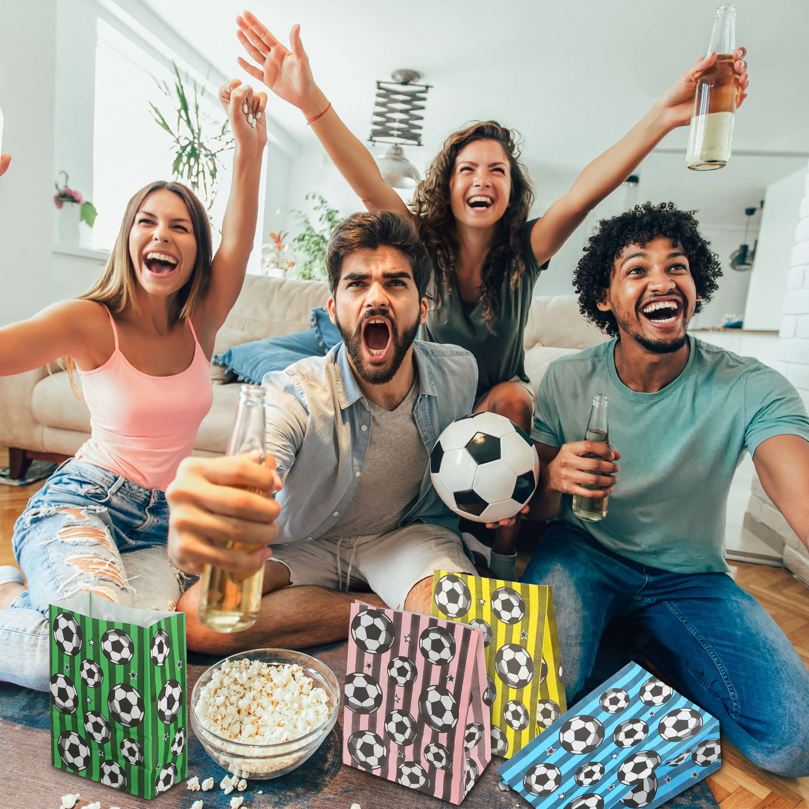 30 Pieces Soccer Party Favor Bags Soccer Themed Birthday Party Supplies  Reusable Candy Bags Party Present Goody Treat for Soccer Party Favors Decor (Green  Blue  Pink  Yellow)