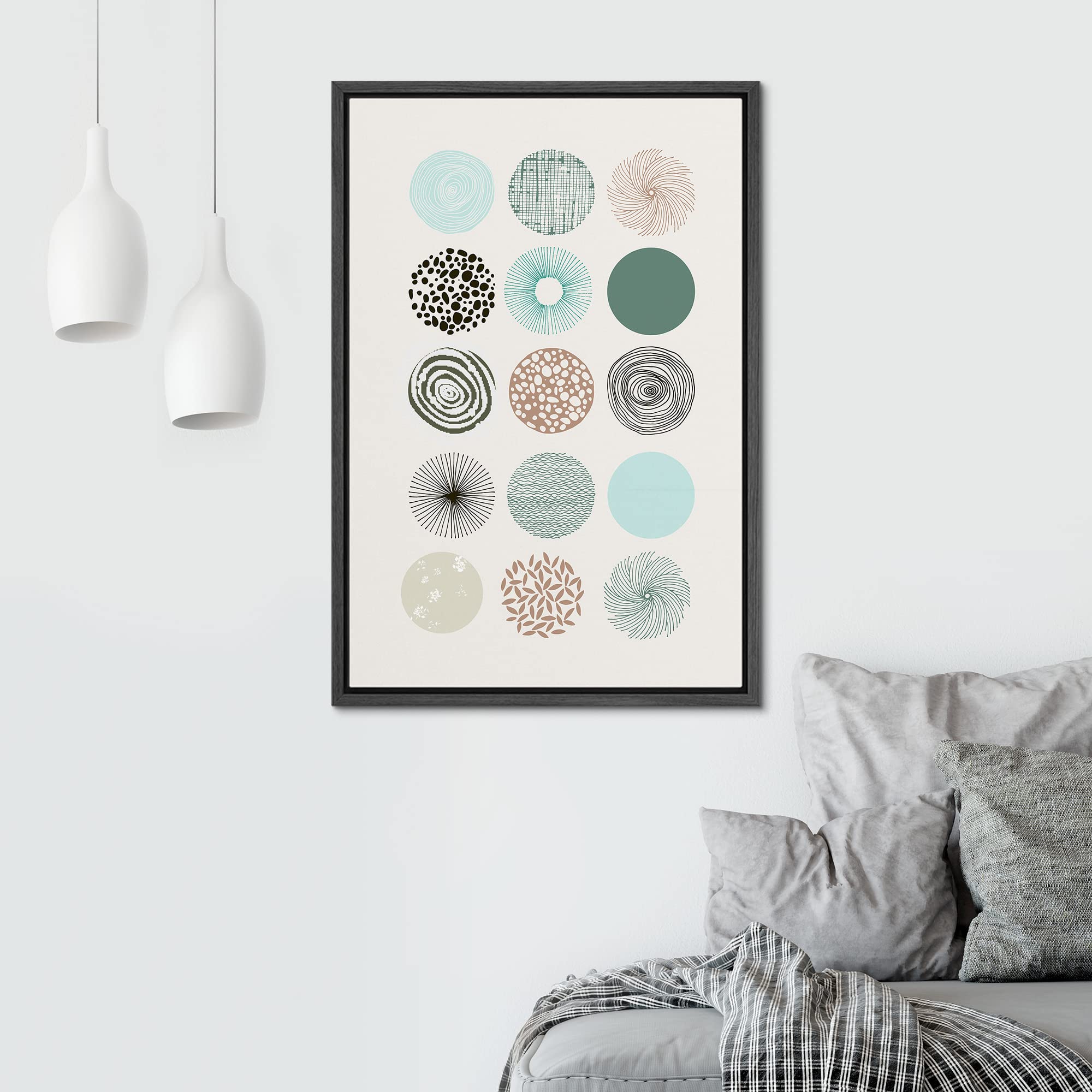 Signwin Framed Canvas Print Wall Art Pastel Green, Blue, Brown & Black Circles Abstract Shapes Illustrations Modern Chic Scenic