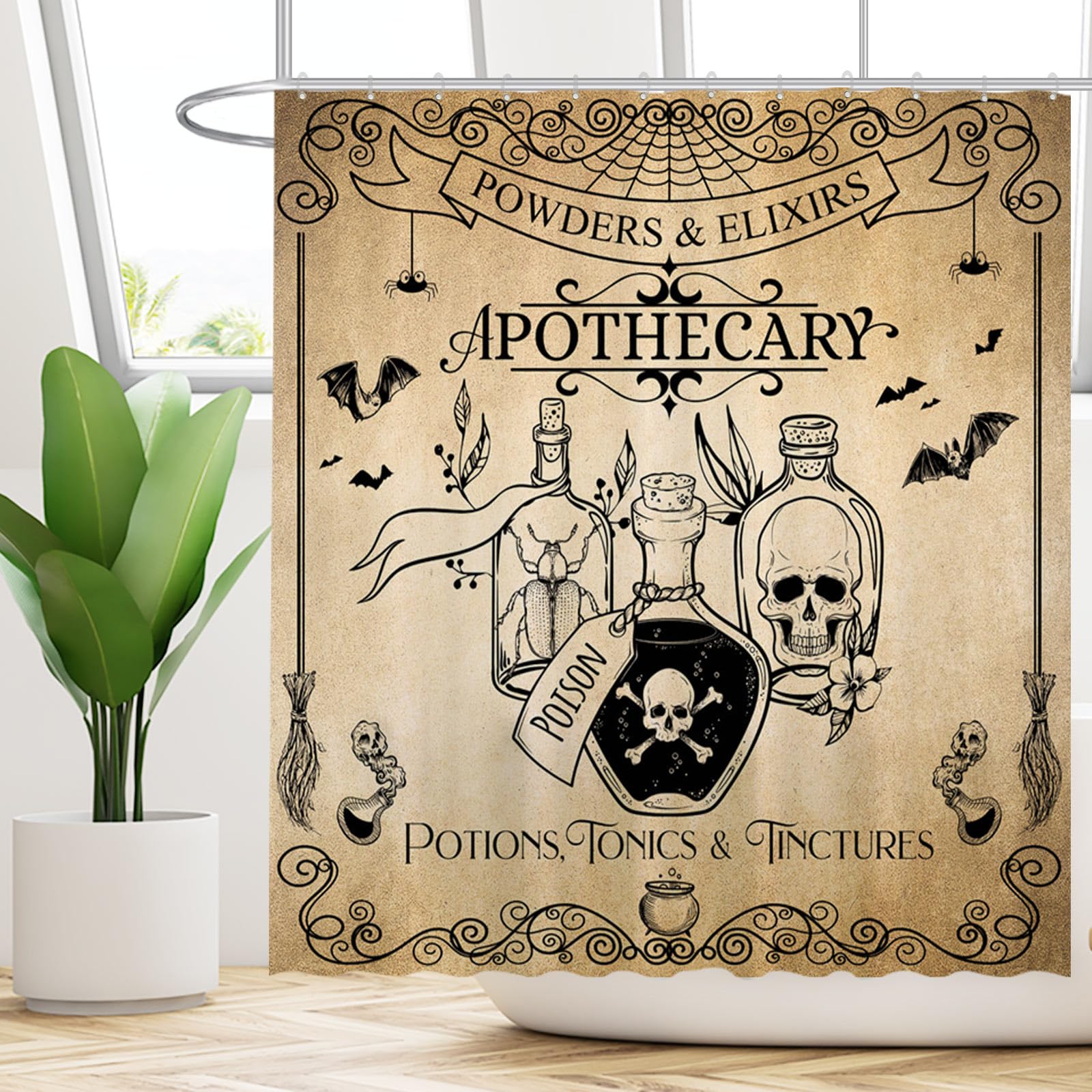 Funnytree 72''X72'' Halloween Apothecary Bat Magical Chemistry Witch Wicca Potions Poison Skull Shower Curtain For Bathroom Deco