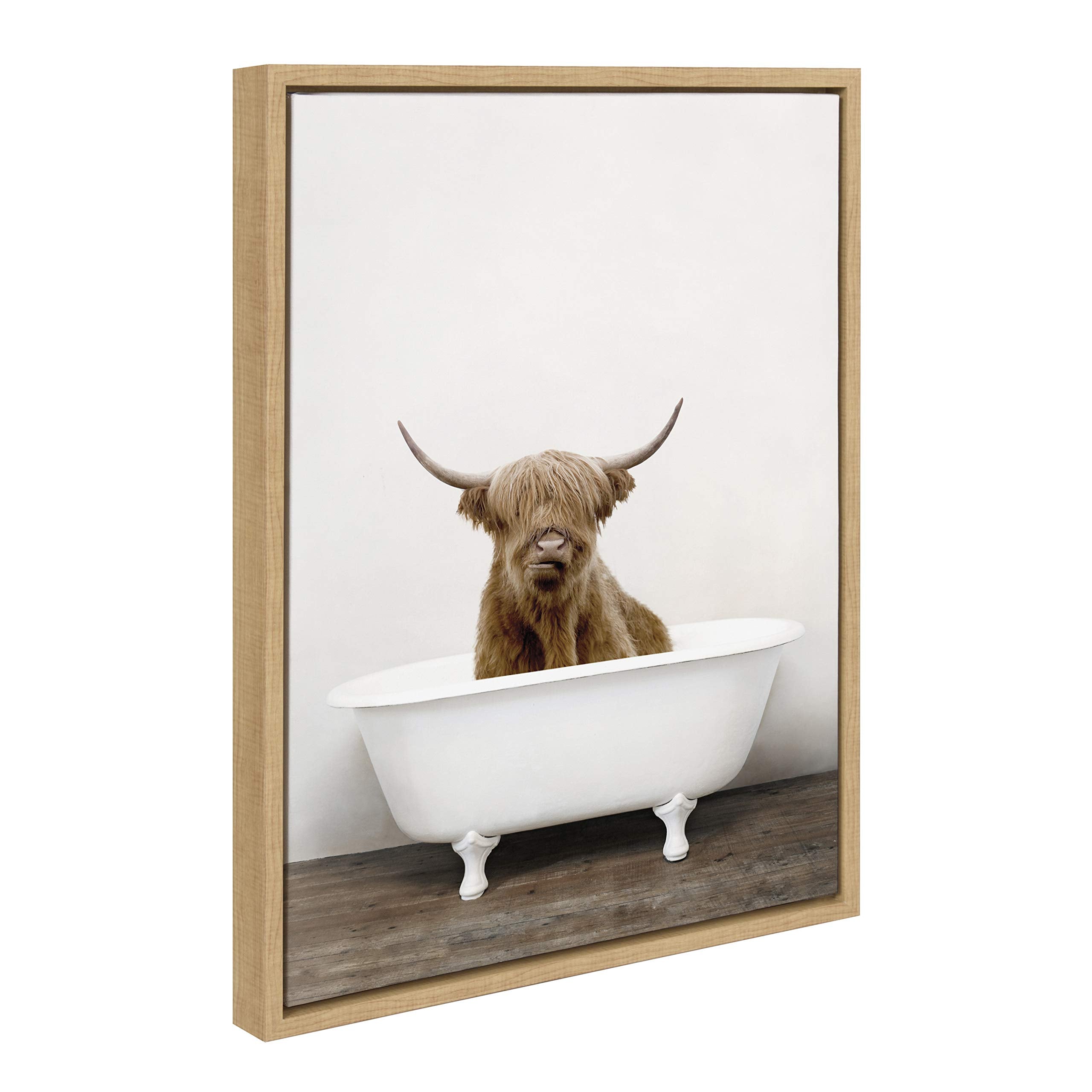 Kate and Laurel Sylvie Highland Cow in Tub Color Framed Canvas Wall Art by Amy Peterson  18x24 Natural  Chic Animal Art for Wall