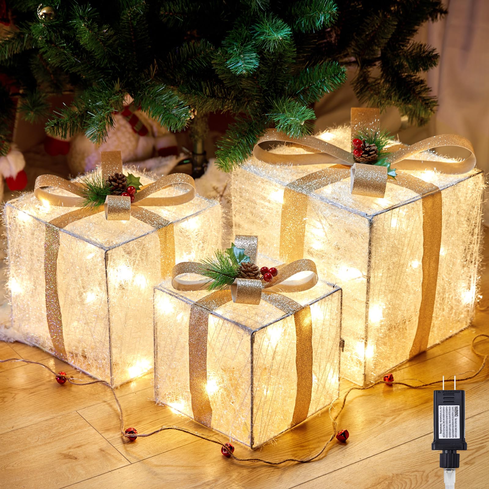 3 Pieces Lighted Gift Boxes Christmas Decorations, 12in 10in 8in with 60 Pre-Strung Mini String Lights, Foldable Light up Presen