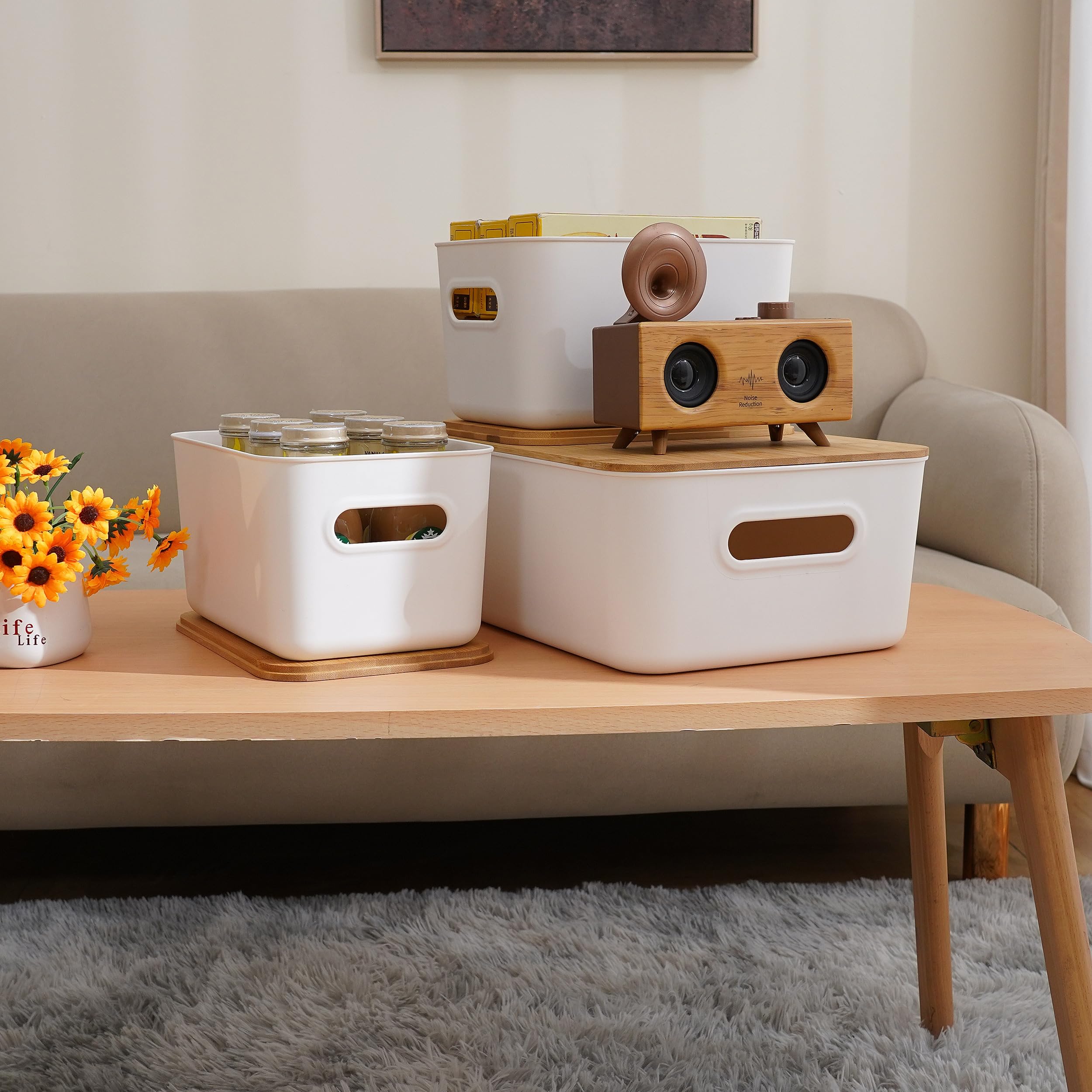 Citylife Set Of 3 Storage Bins With Bamboo Lids Plastic Storage Containers For Organizing Stackable Storage Box With Handle