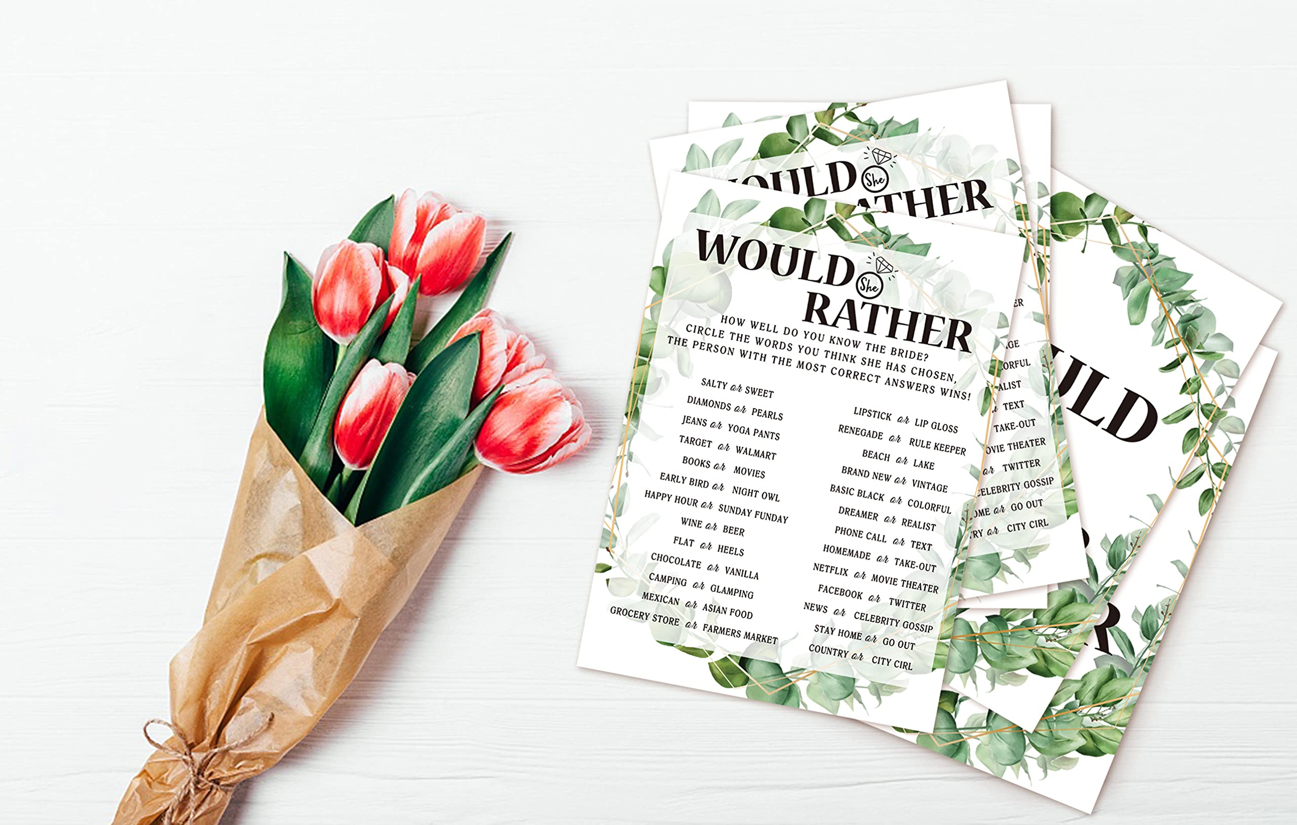 Bridal Shower Game Cards, Would She Rather Game, Tropical Jungle Theme Engagement Party Cards For Wedding, Set Of 30 Cards(Leaf0