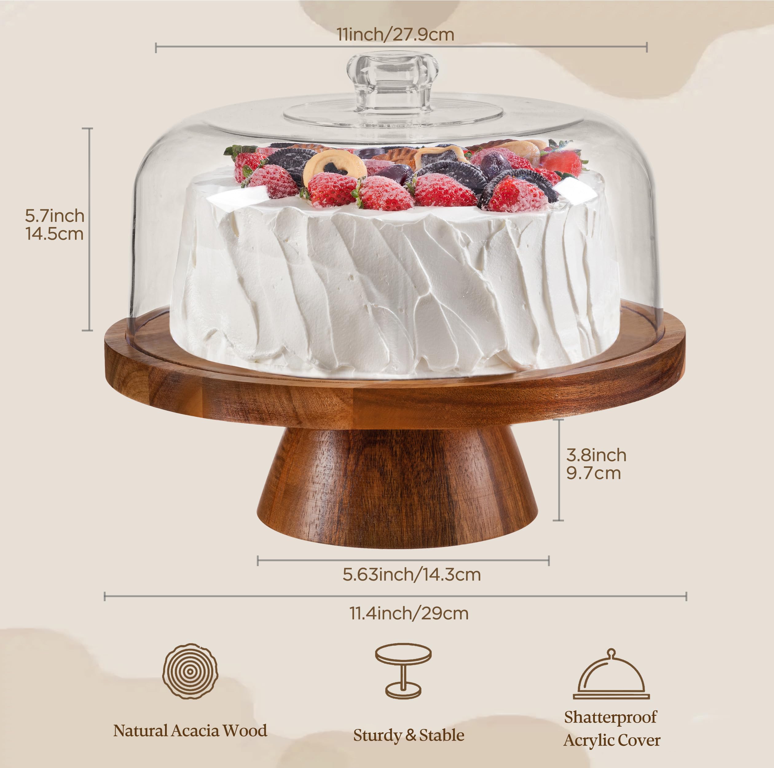 Hblife Cake Stand With Lid Multifunctional Cake Stand With Acrylic Dome Acacia Wood 6-In-1 Cake Plate Display Stand With Cover F