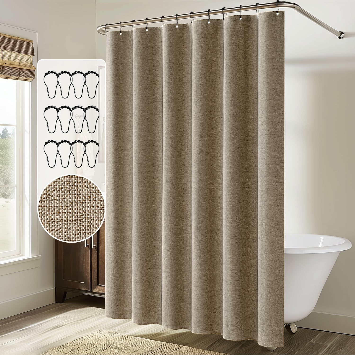 Miulee Linen Shower Curtain With 12 Metal Hooks Modern Heavy Duty Washable Fabric Shower Curtain Set Waterproof Neutral Thick Cl