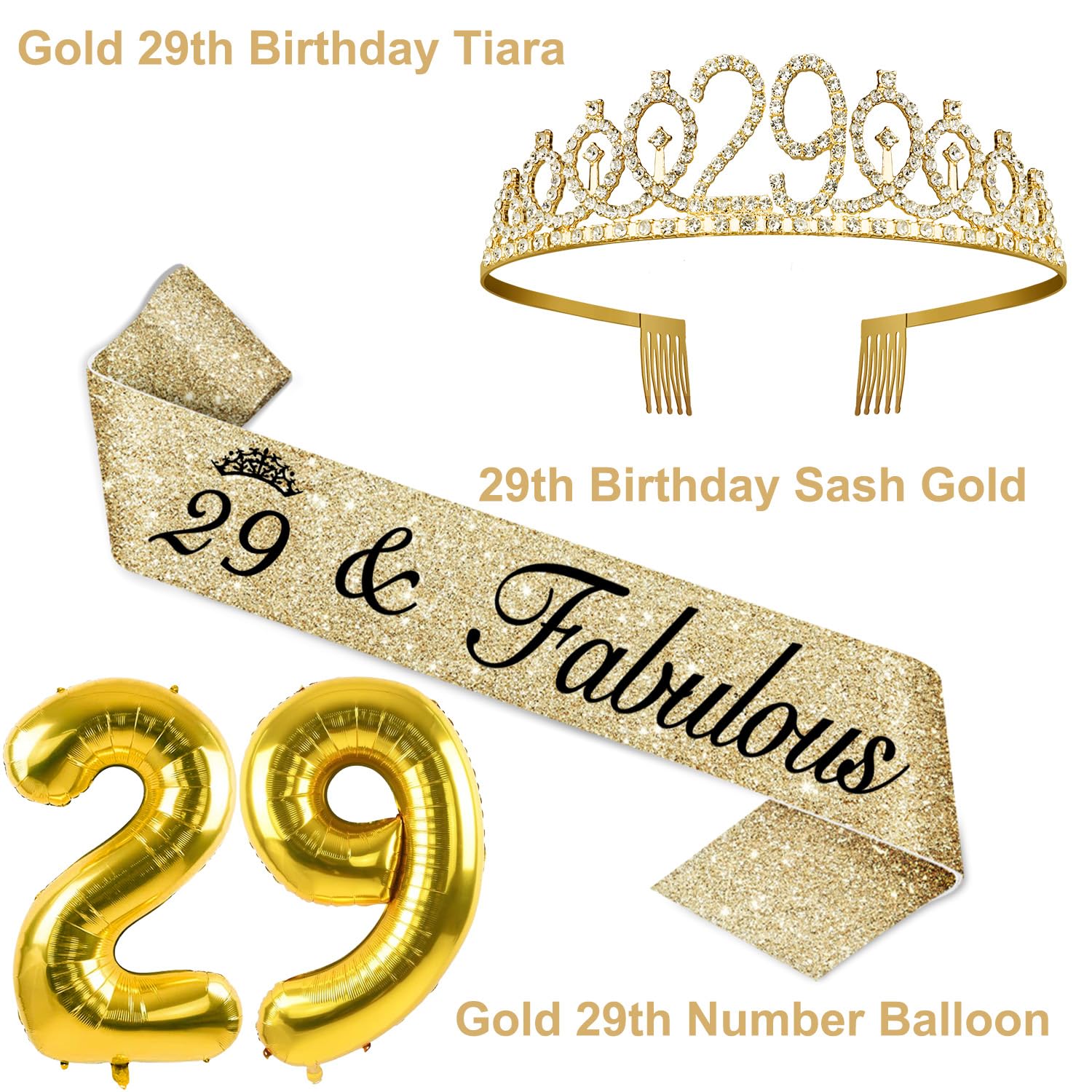 29th Birthday Decorations for Women Gold with 29th Birthday Tiara and Sash, Cake Topper and Candles, Number Balloons, 29 Year Ol
