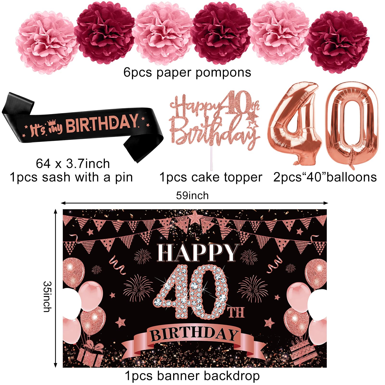 Eucutur 42Pcs 40Th Birthday Decoration Kit For Women, Rose Gold Happy 40Th Bday Banner Balloons Honeycomb Centerpiece Swirl Pape
